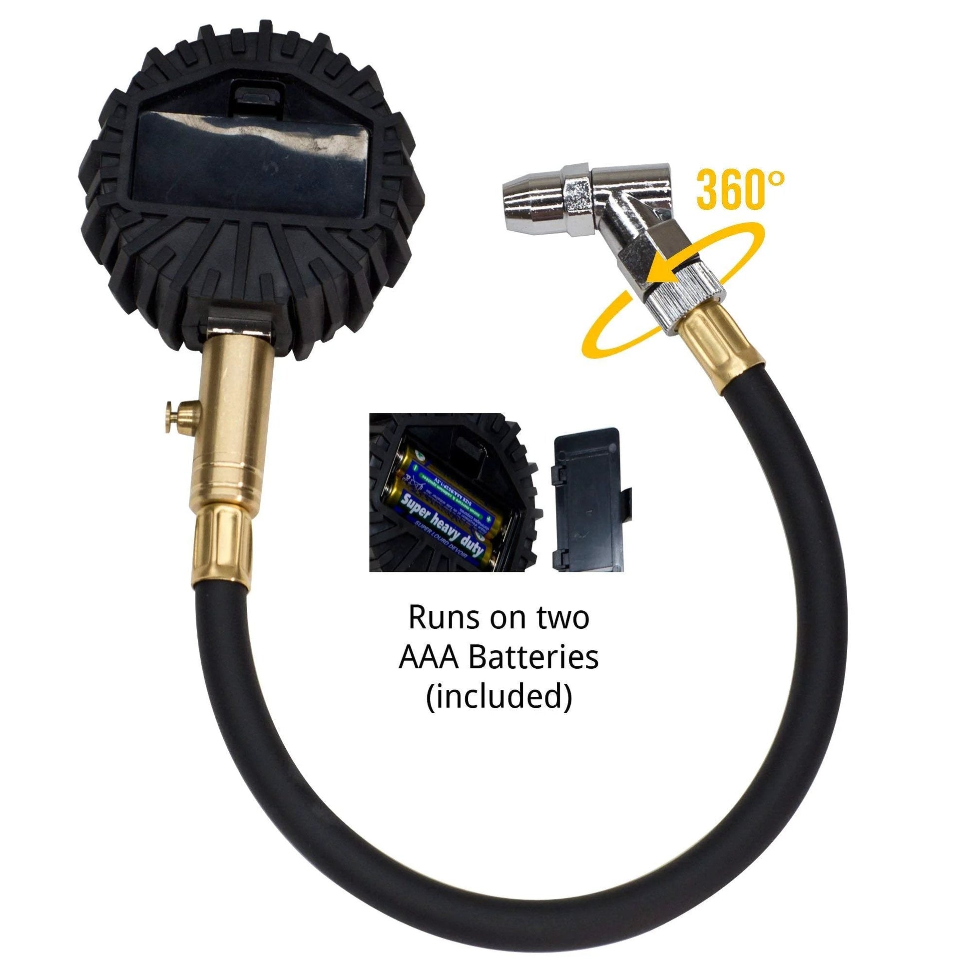 ElitePro Digital Tire Pressure Gauge Delivers Pro Accuracy With ANSI 2A Calibration, Dual Sensors For Precise Readouts To 0.10 PSI Up To 200 PSI, Perfect For Auto Enthusiasts, Gearheads, And Pros In Shops By JACO Superior Products, with rubber grip and swivel nozzle.