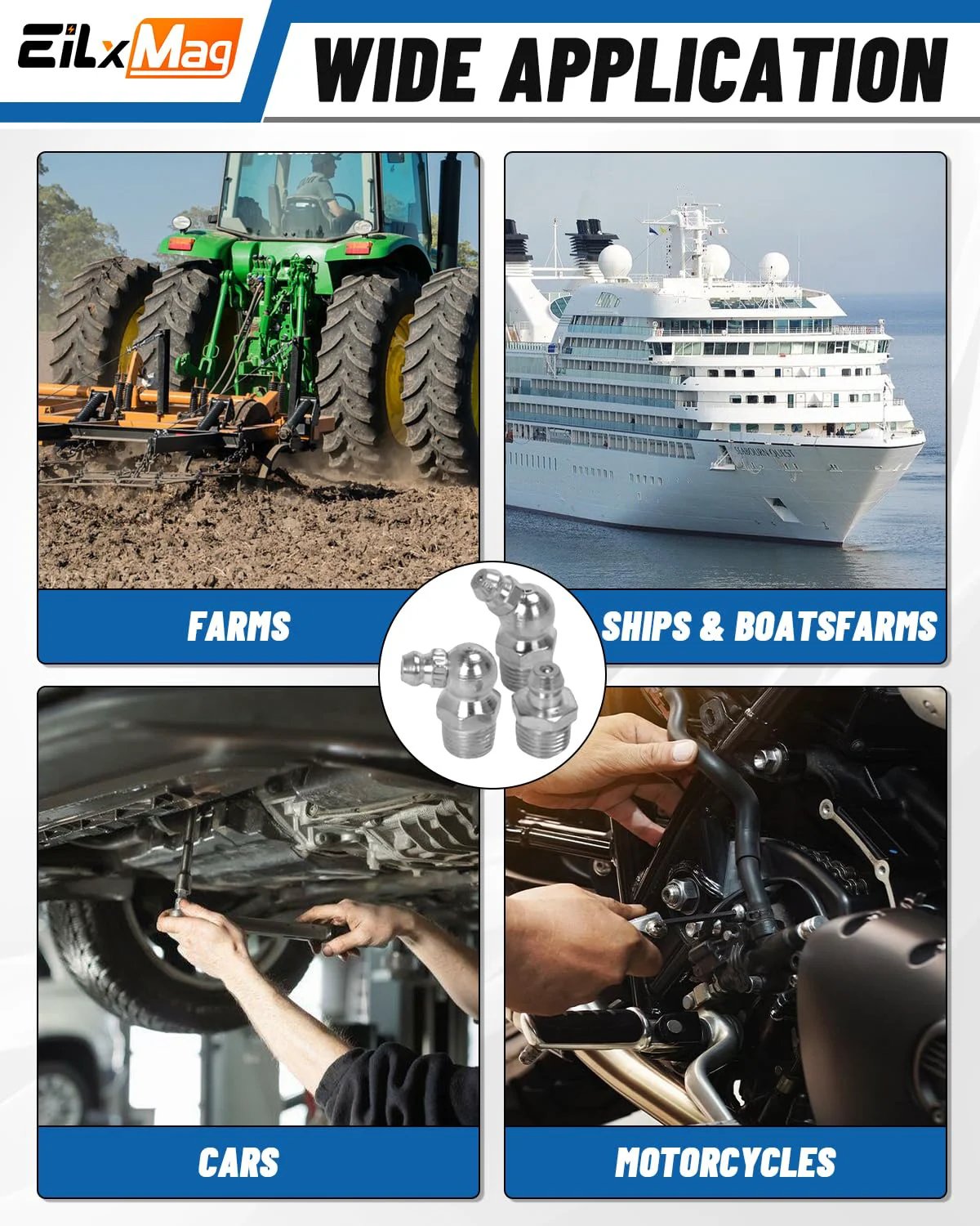 Grease Fittings Assortment Kit 435 Pcs SAE and Metric Zerk Fittings applications in farms, ships, cars, motorcycles