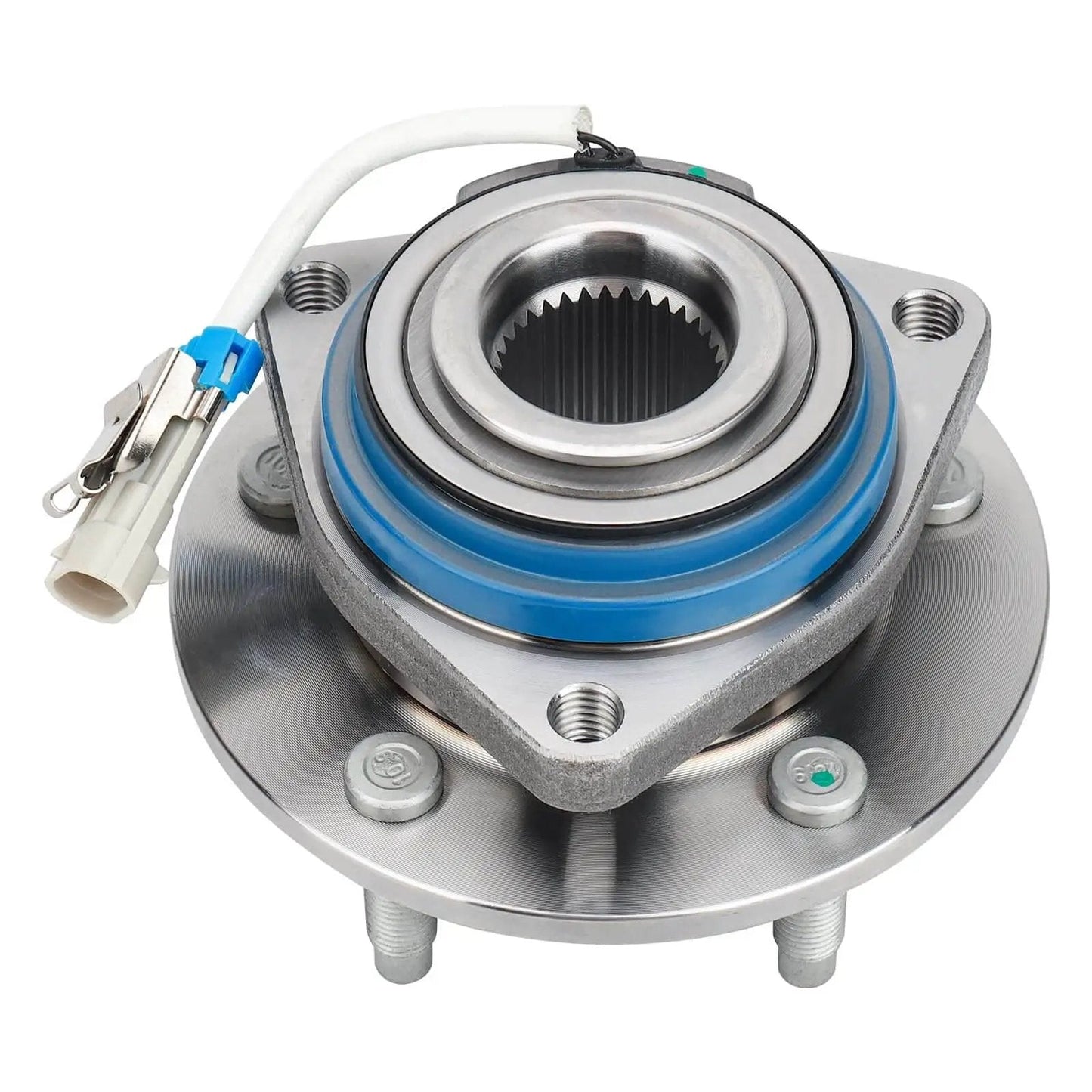 Front wheel hub and bearing assembly 5-lug w/ABS for Chevy Impala Monte Carlo Venture, Cadillac DTS, Buick LeSabre, Pontiac Grand Prix, Oldsmobile Aurora; 1997-2013 fit, single unit 513121, close-up view