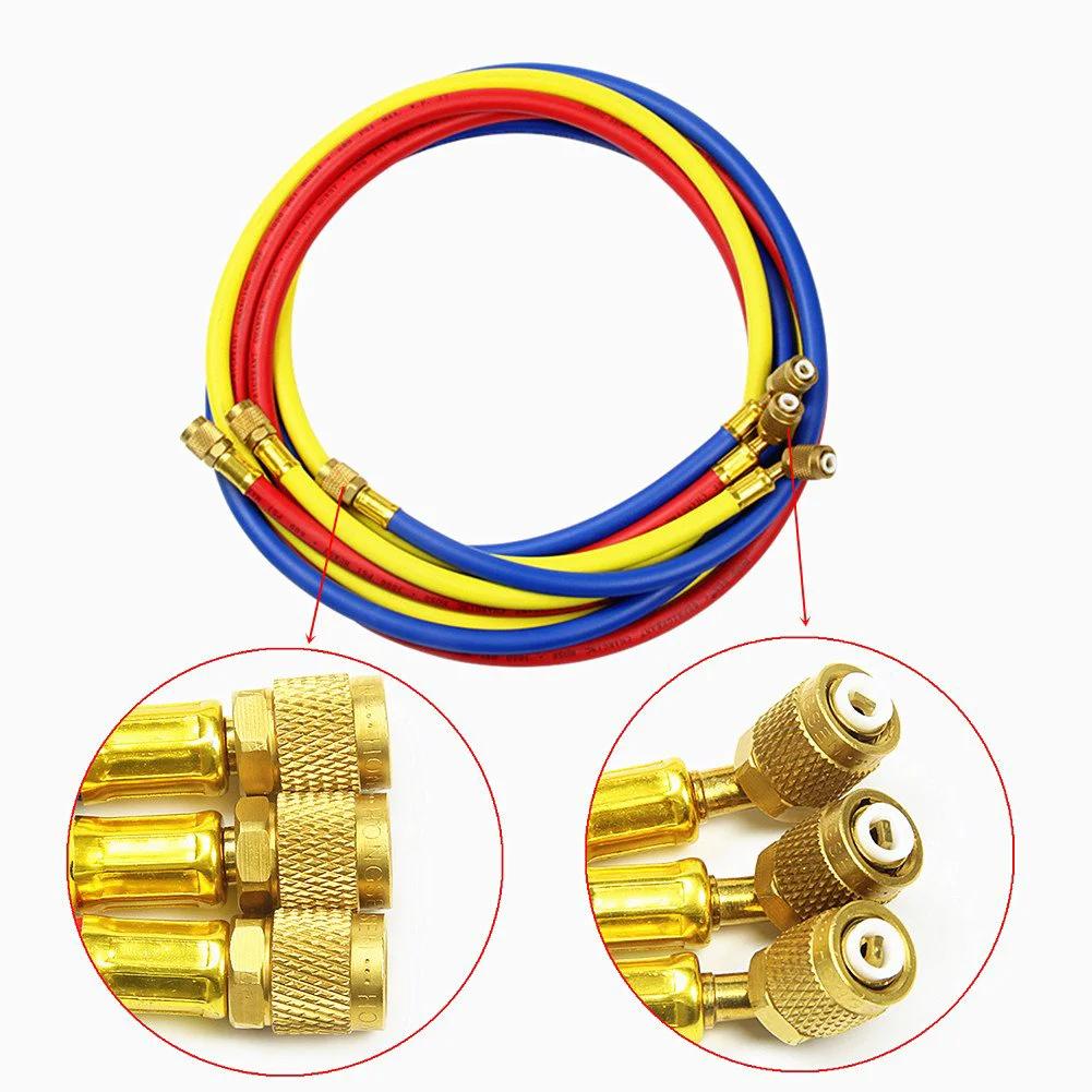 72 Inch HVAC Manifold Gauge Hoses Set Three Pack With Brass Connectors For R134A R12 R22 R502 Refrigerants Ideal For AC System Charging And Testing