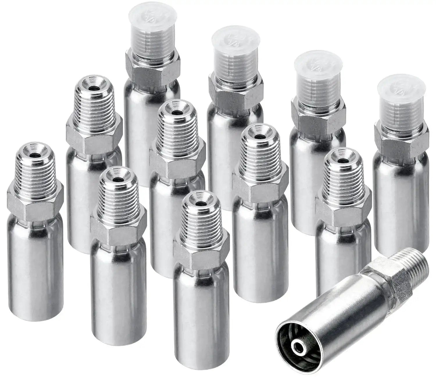 Heavy Duty 12 Pack Hydraulic Hose Fittings For One Quarter Inch Inner Diameter Hoses And One Quarter Inch NPTF Male Ends With Protective Covers