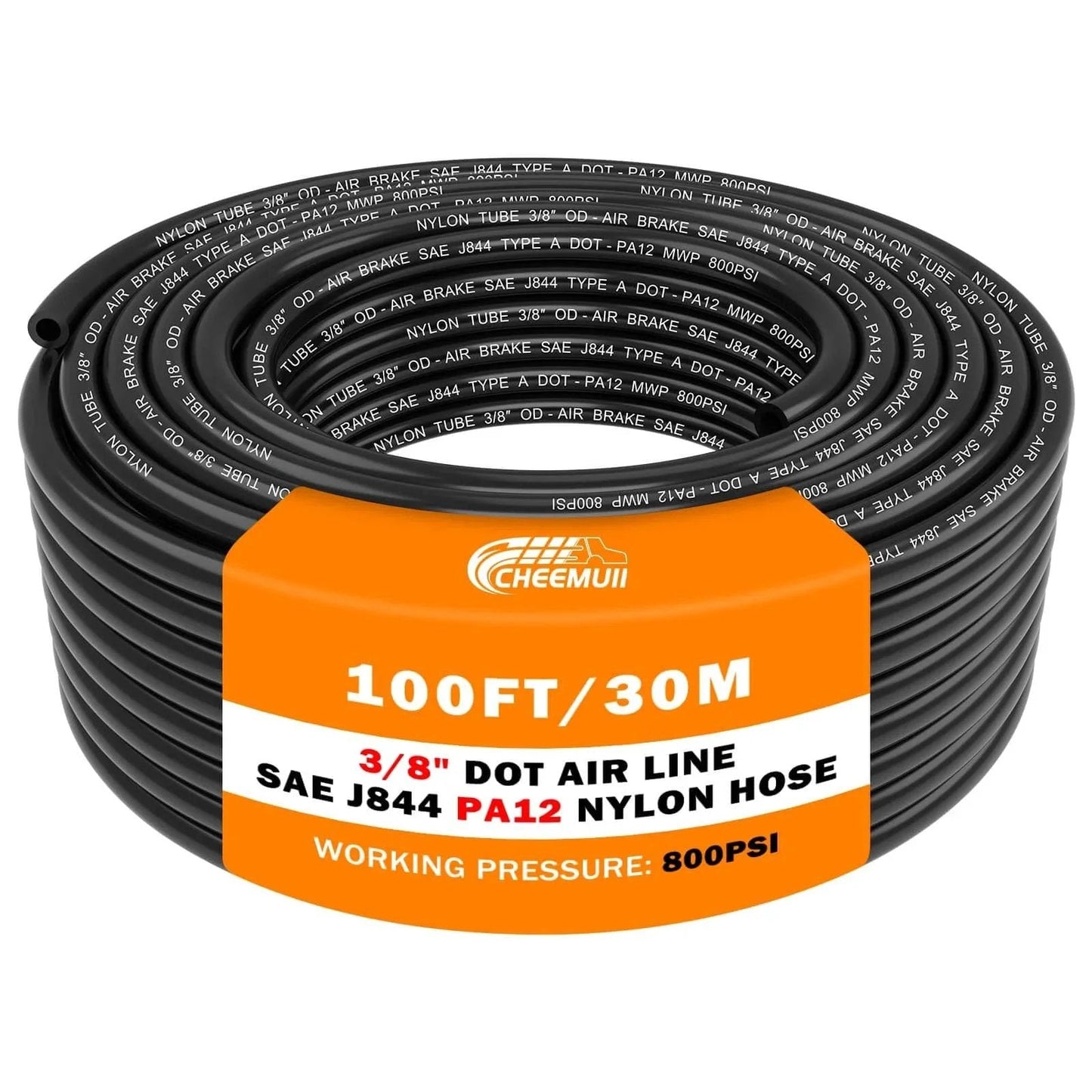 Coiled Nylon DOT Air Line Three Eighths Inch Outer Diameter Pneumatic Tubing 100 Feet 30.5 Meter SAE J844 Compliant Air Hose