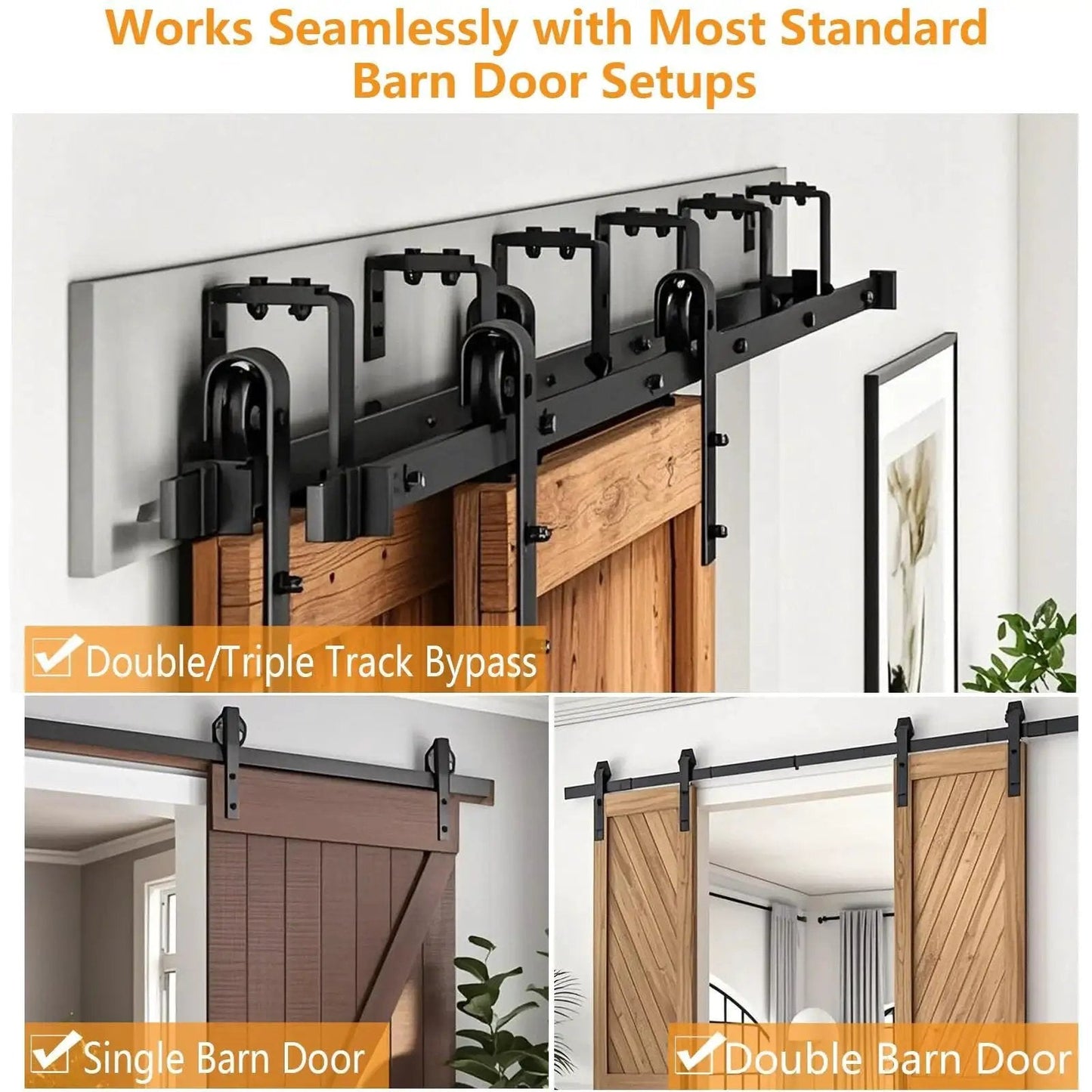 Image showing Two Piece Barn Door Soft Close Kit No Drill Version for Sliding Barn Door Hardware installed on various barn doors.