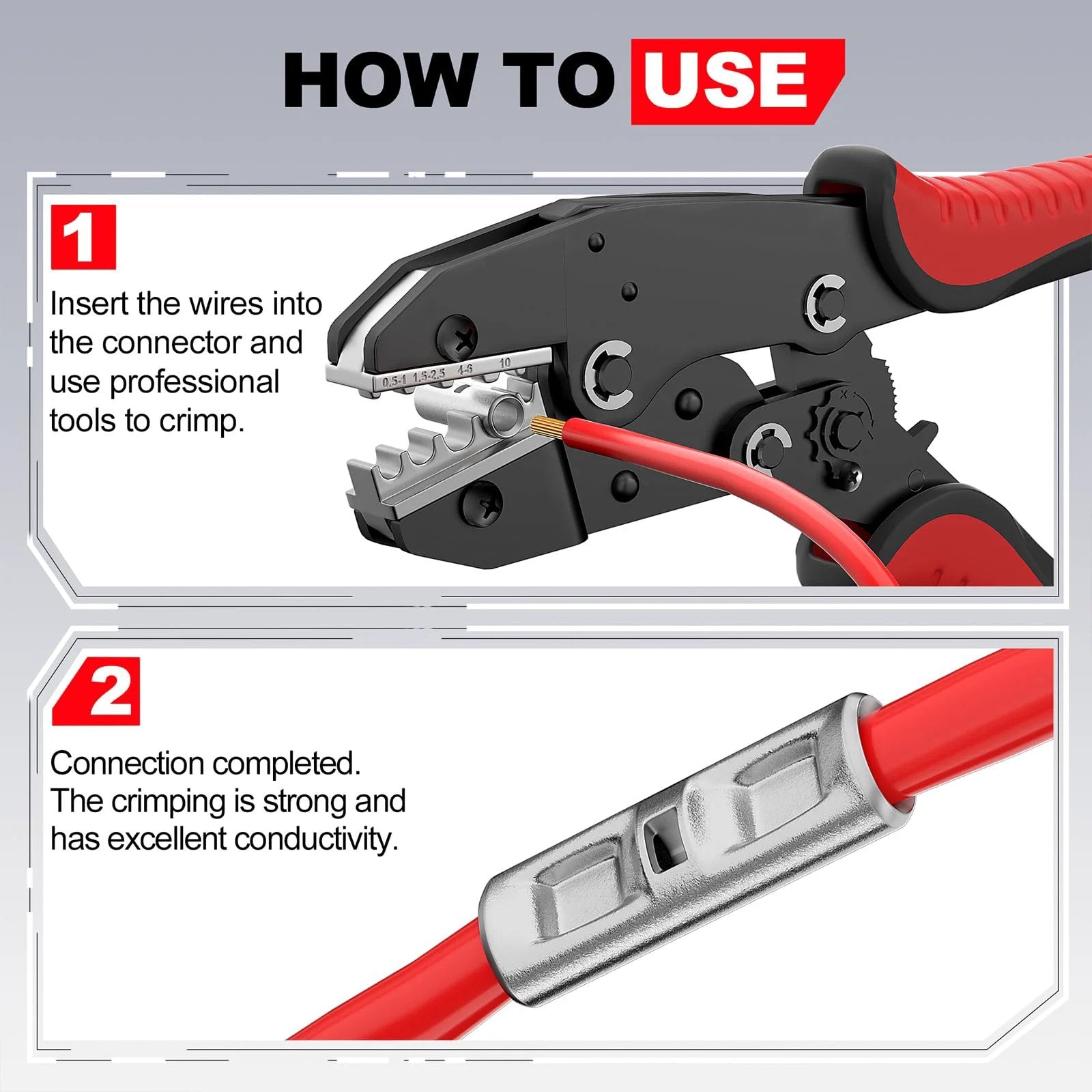 Illustration showing crimping tool and non insulated butt connectors for 22 to 16 AWG, 100 pc pack in use for splicing wiring.
