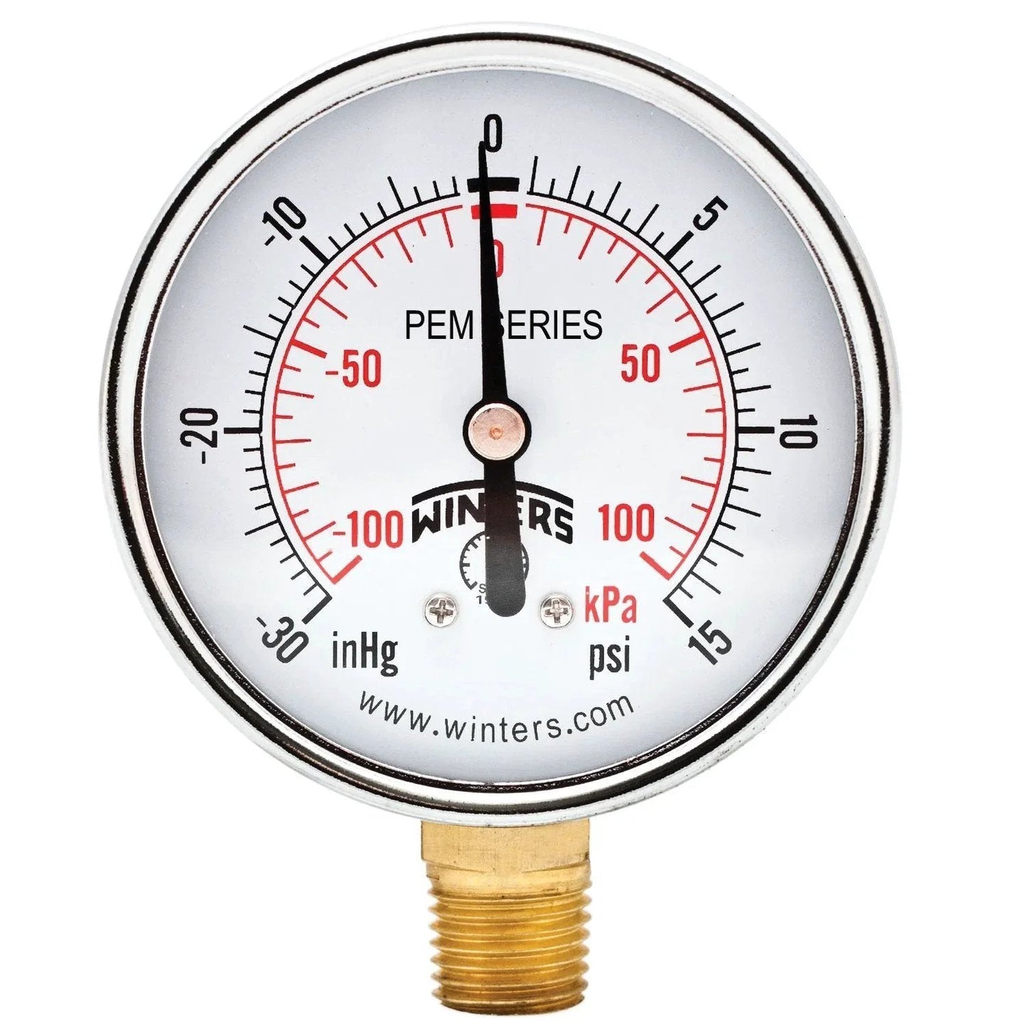 Budget Friendly Two Point Five Inch Dial Utility Pressure Gauge With Brass Wetted Parts And Steel Case Dual Scale Psi And KPa Plus Hg Vacuum Bottom Mount One Quarter Inch NPT Thirty Inch Hg To Zero Vac Three Two Three Percent Accuracy