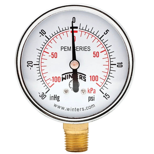 Budget Friendly Two Point Five Inch Dial Utility Pressure Gauge With Brass Wetted Parts And Steel Case Dual Scale Psi And KPa Plus Hg Vacuum Bottom Mount One Quarter Inch NPT Thirty Inch Hg To Zero Vac Three Two Three Percent Accuracy