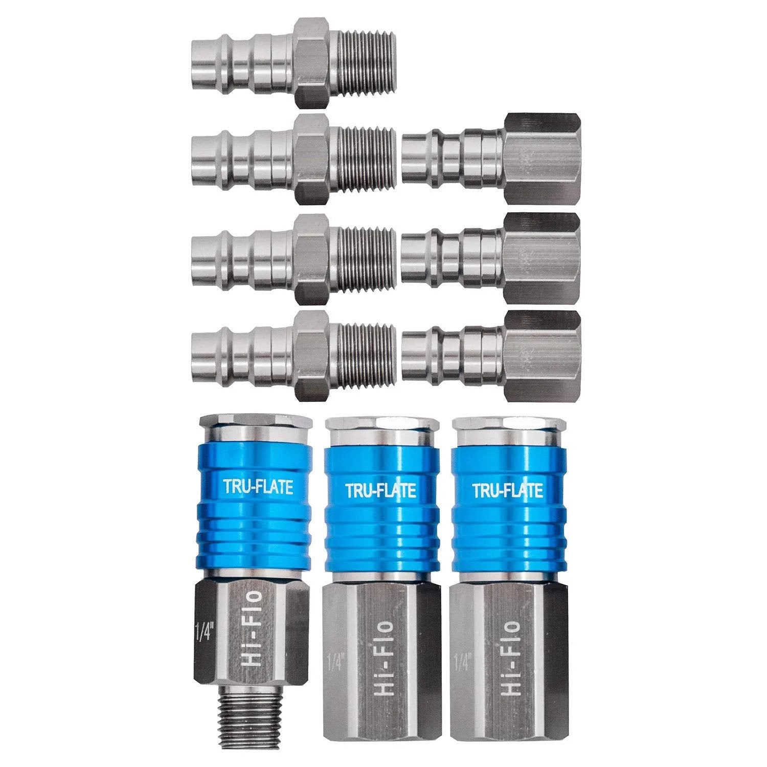 Hi Flo Aluminum Air Tool Plug and Coupler Set One Quarter Inch NPT IM Style Push to Connect for Maximum Air Flow and Torque
