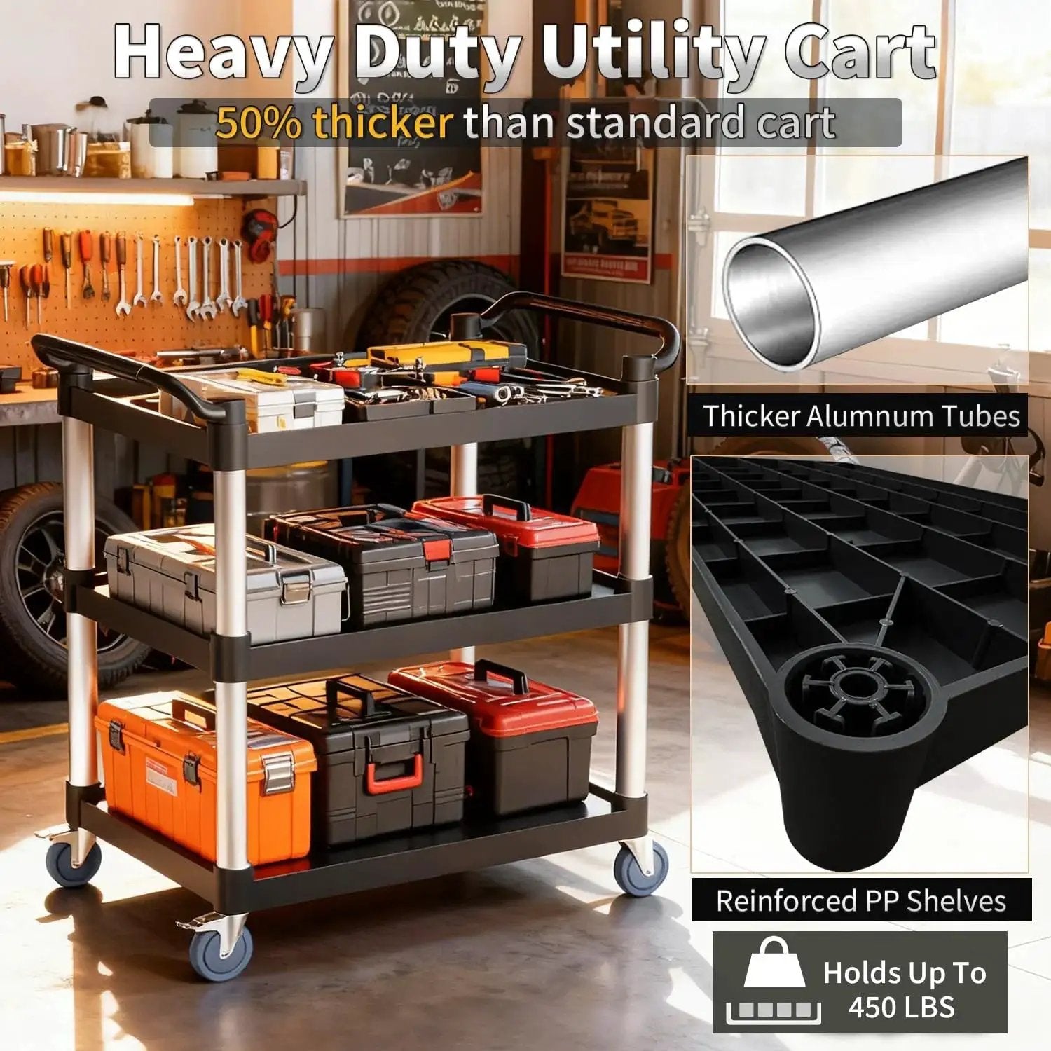 Three Tier Rolling Service Cart With Tangle Free Swivel Wheels And Two Brakes Heavy Duty 450 Lb Capacity Commercial Serving Cart