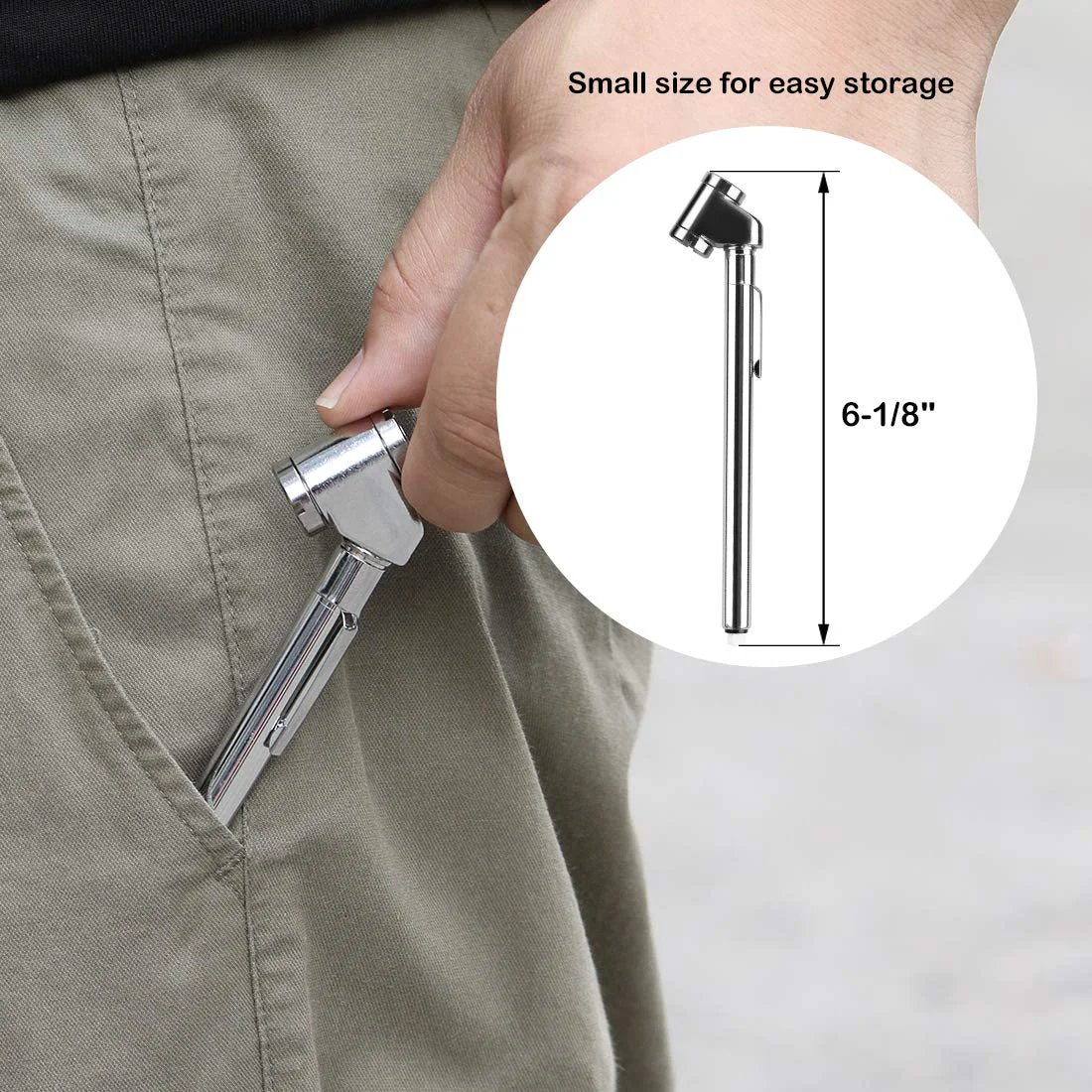 Person placing Pencil Tire Pressure Gauge Dual Head For Cars Trucks RVs ATVs Motorcycles And Bikes Mechanical Gauge With Stainless Steel Stem 10 To 120 PSI Silver 2 Pack CZC AUTO into pocket