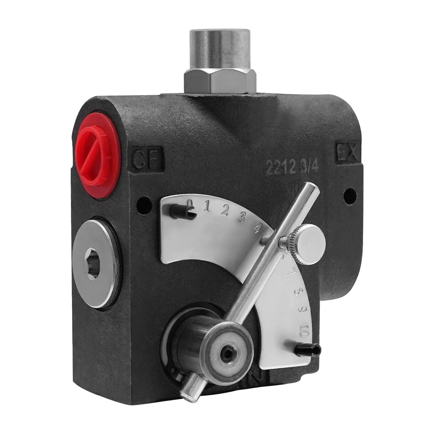 Hydraulic Adjustable Variable Flow Control Valve for Log Splitters with Three Quarter NPT Fittings 0 to 30 GPM, pressure gauge visible.
