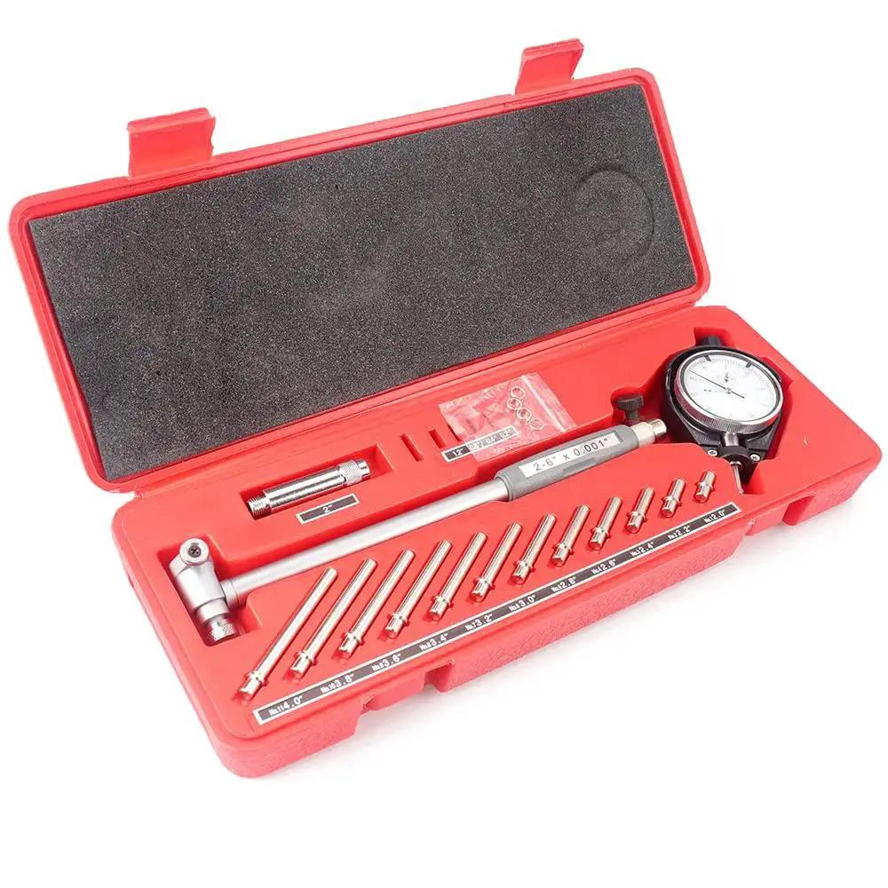 Dial Bore Gauge Set 2.0 To 6.0 Inch Range With 0.001 Inch Accuracy For Cylinder Measurements in red case with tools displayed