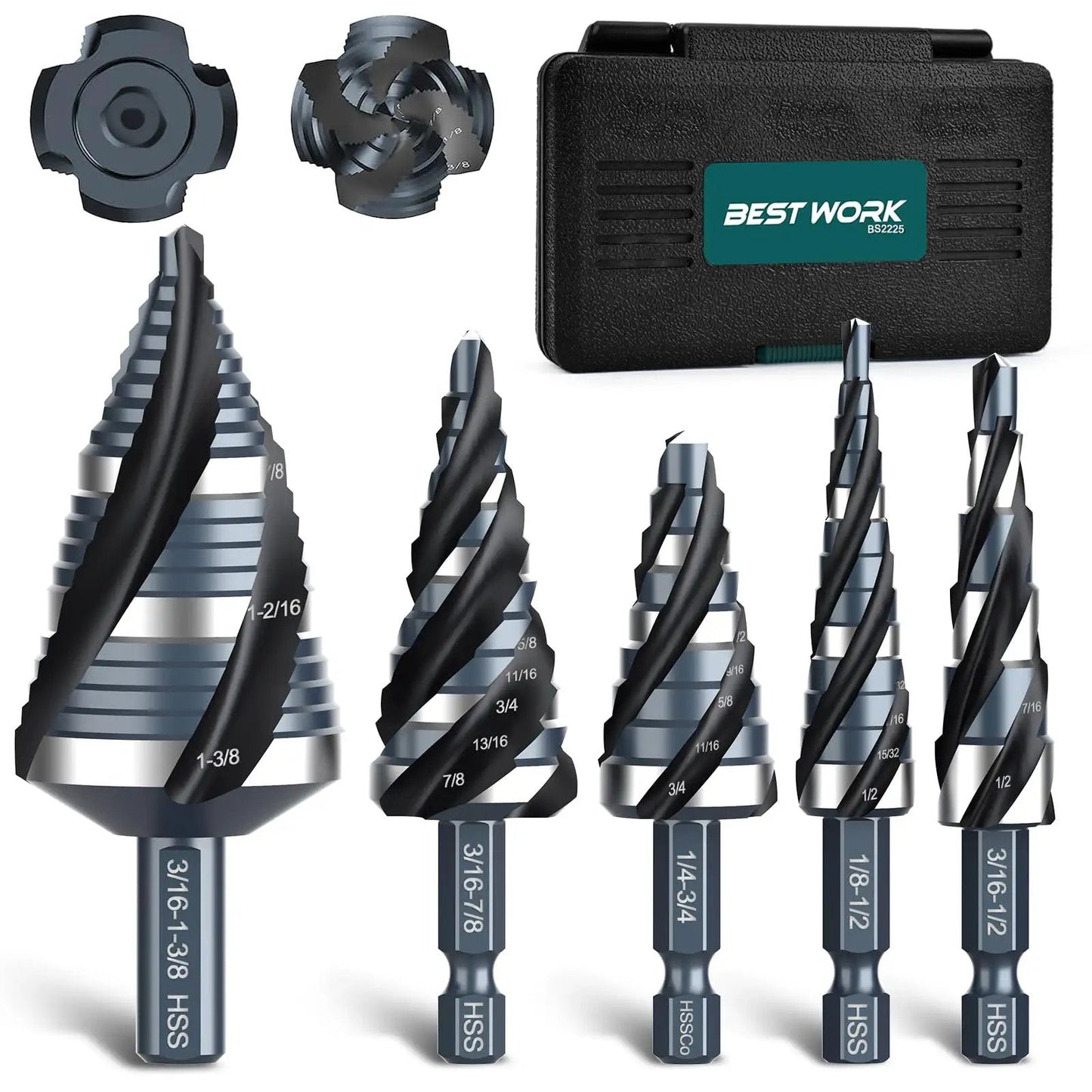 Five Piece Four Spiral Flute Step Drill Bit Set 1/8 To 1-3/8 Inch High Speed Steel Unibit With 1/4 Inch And 3/8 Inch Hex Shanks