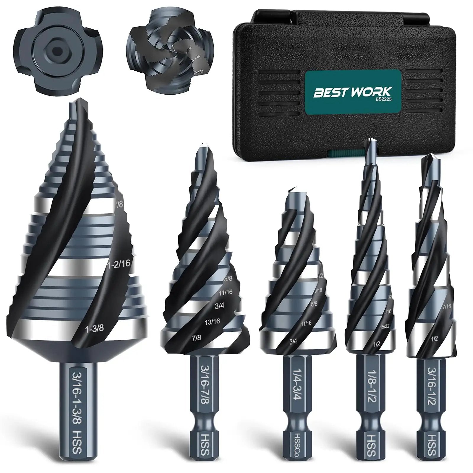 Five Piece Four Spiral Flute Step Drill Bit Set 1/8 To 1-3/8 Inch High Speed Steel Unibit With 1/4 Inch And 3/8 Inch Hex Shanks
