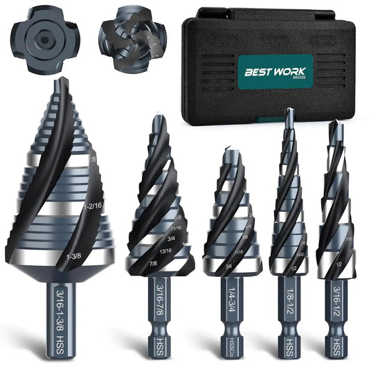 Five Piece Four Spiral Flute Step Drill Bit Set 1/8 To 1-3/8 Inch High Speed Steel Unibit With 1/4 Inch And 3/8 Inch Hex Shanks
