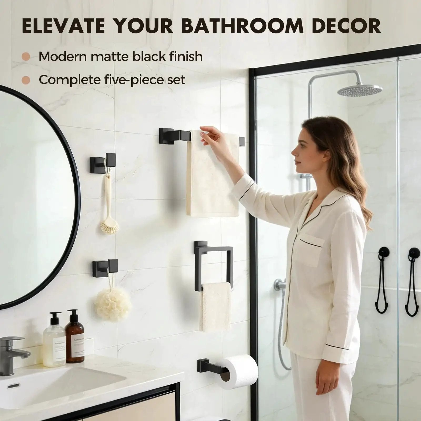Woman installing Matte Black 5 Piece Bathroom Hardware Set Made Of SUS304 Stainless Steel Wall Mounted Towel Bar and Hooks