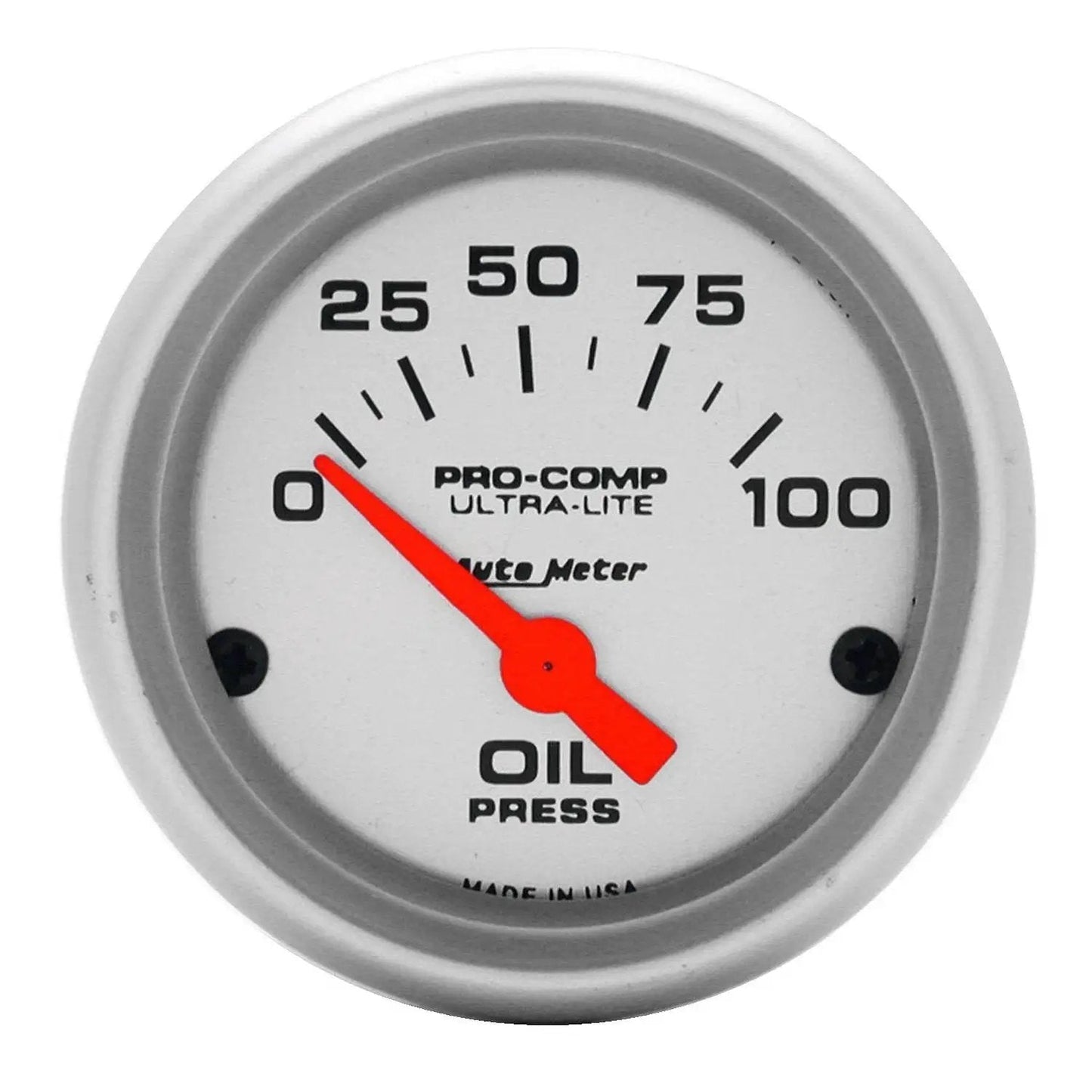 Ultra-Lite Electric Oil Pressure Gauge 2-1/16 Inch For Cars And Race Cars, white dial with red needle, Auto Meter brand, model 4327