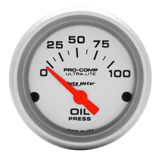 Ultra-Lite Electric Oil Pressure Gauge 2-1/16 Inch For Cars And Race Cars, white dial with red needle, Auto Meter brand, model 4327