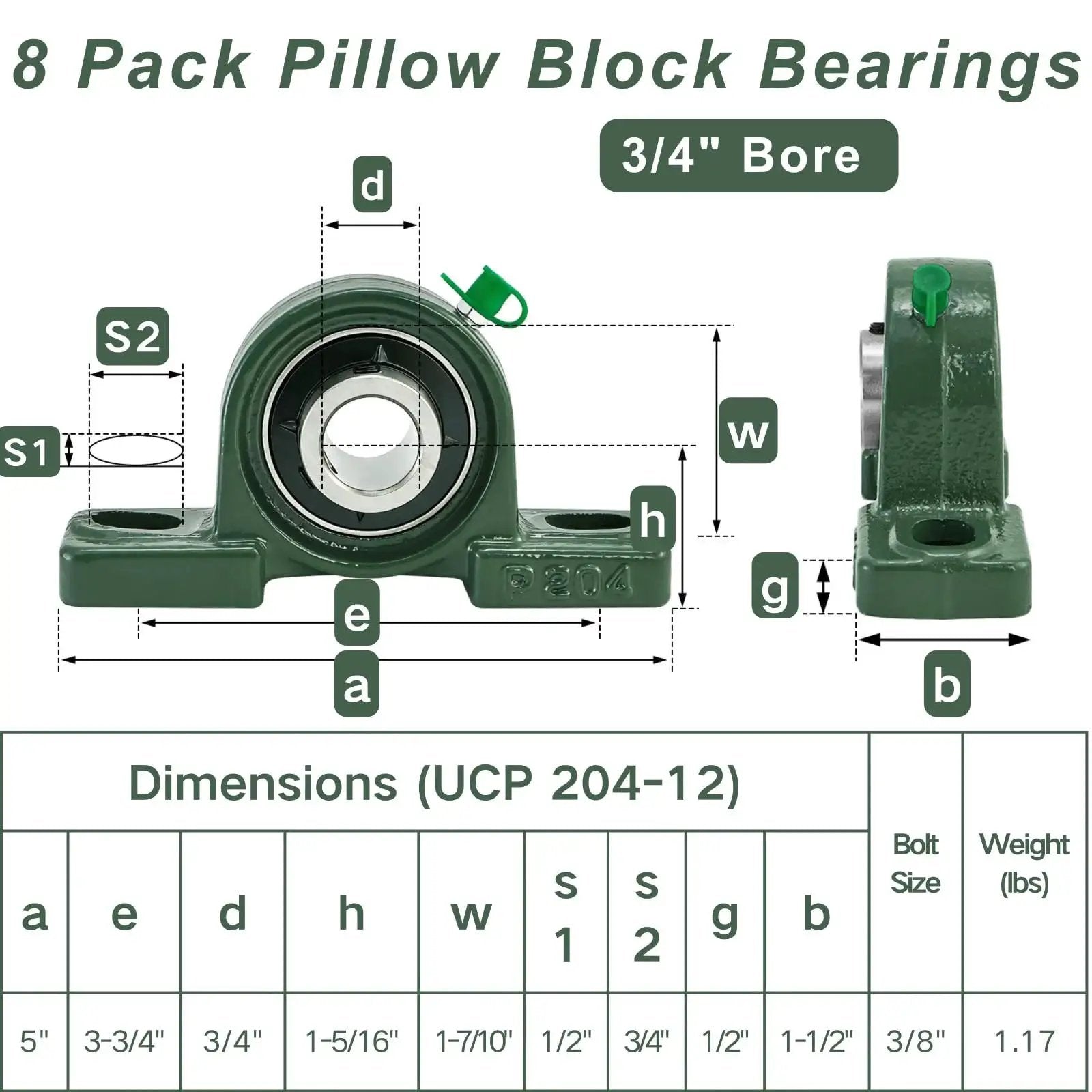 Eight Pack Pillow Block Bearings UCP20412 Three Quarter Bore Self Aligning Ball Bearings with dimensions and details visible