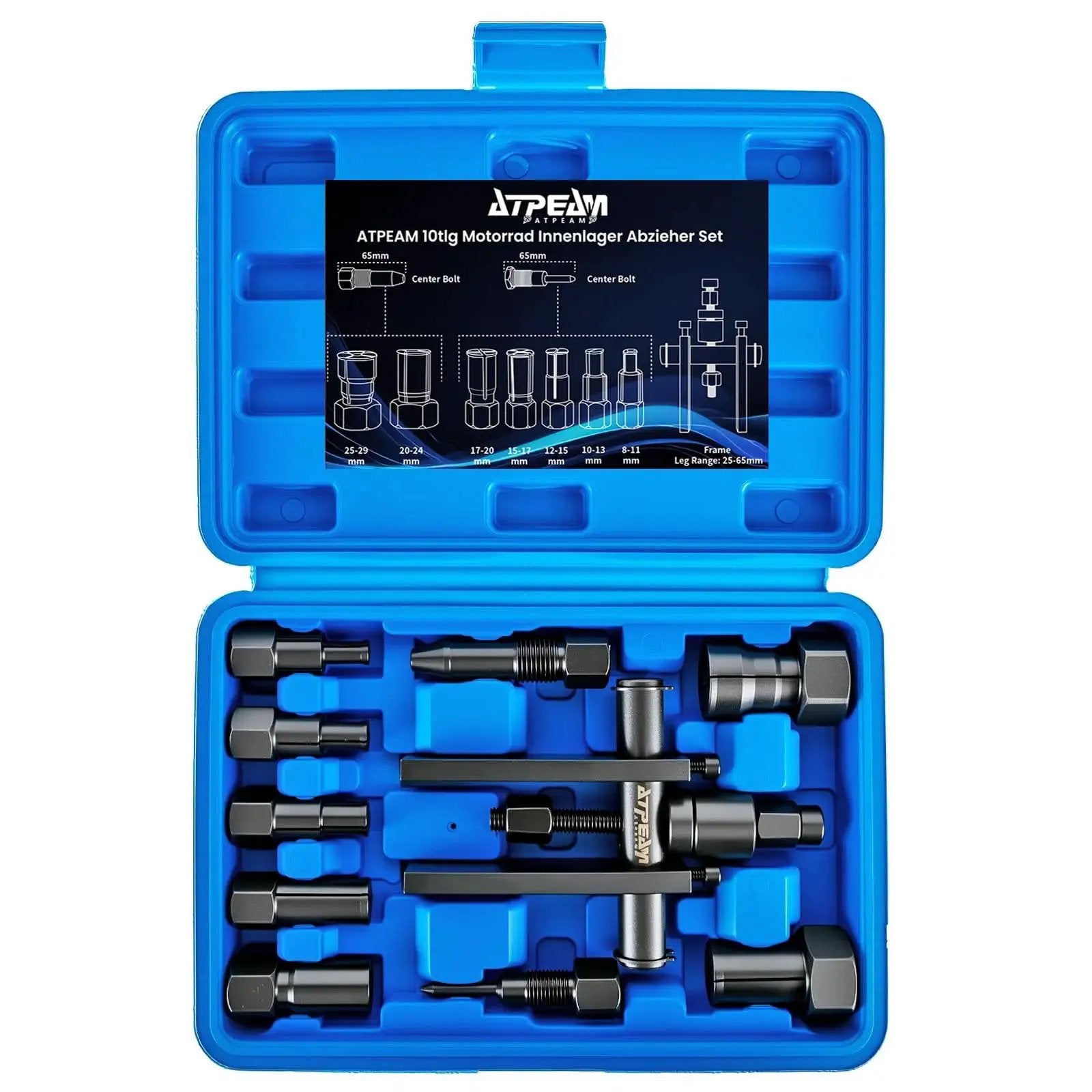 10 Piece Blind Hole Bearing Puller Set For Motorcycles 8 To 25 Mm in blue case with 7 collets and tool.
