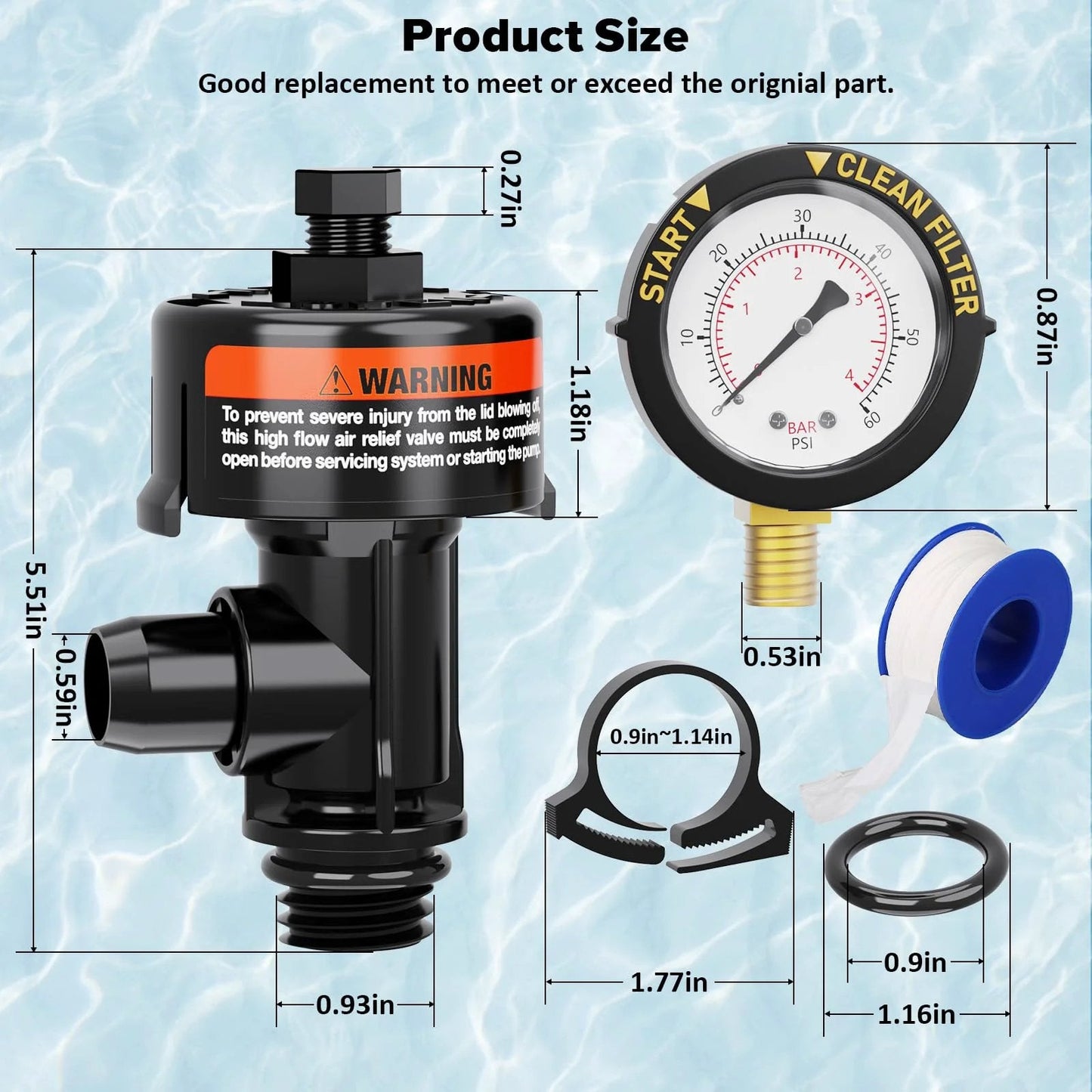 High Flow Manual Air Relief Valve For Pool And Spa Filters With Pressure Gauge Replacement includes gauge, O-rings, and clips, shown with measurements.