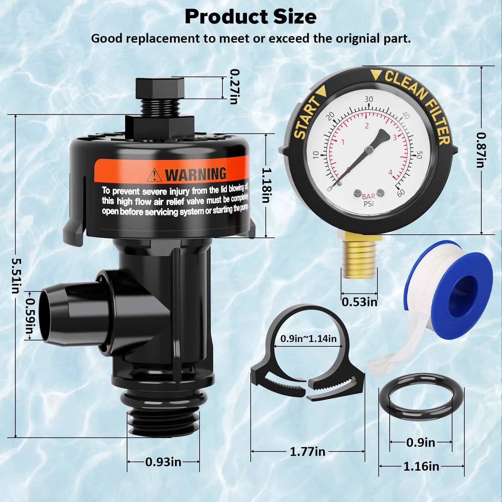 High Flow Manual Air Relief Valve For Pool And Spa Filters With Pressure Gauge Replacement includes gauge, O-rings, and clips, shown with measurements.
