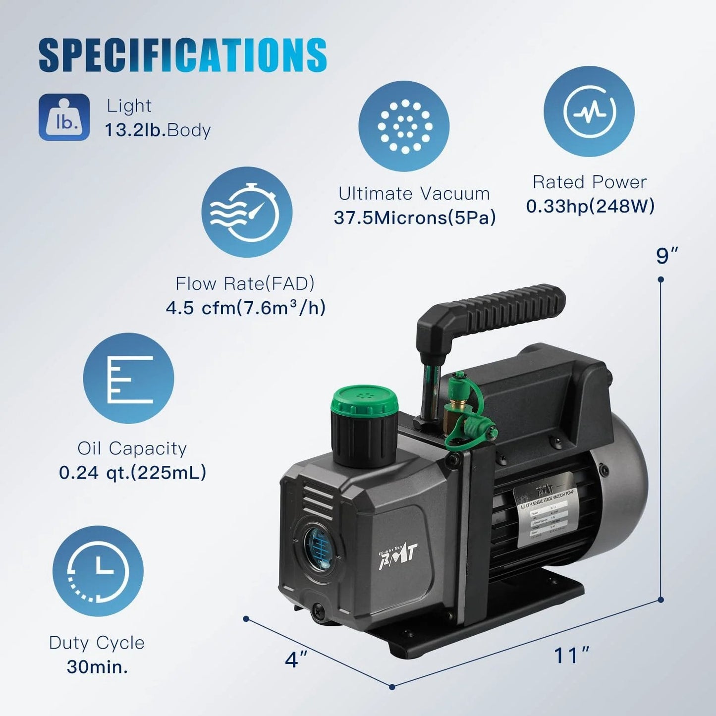 Front view of Powerful 4.5 CFM 1/3 HP Vacuum Pump Auto AC Service Kit with specifications, includes 3-way R1234yf manifold gauge set.