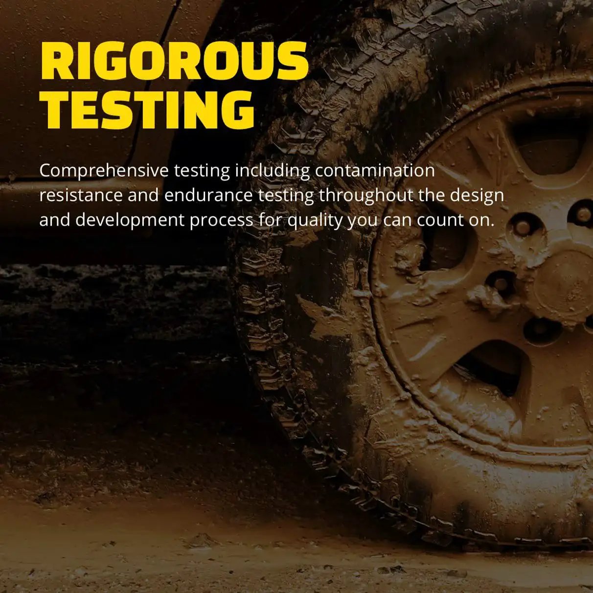 Close-up of a muddy wheel showcasing durability testing for Wheel Bearing And Hub Assembly 512207 By Moog For Toyota Camry And Lexus ES Series Solara Highlander Avalon Direct Fit Premium Hub Bearing Replacement Ready To Install Plus Lifetime Warranty.