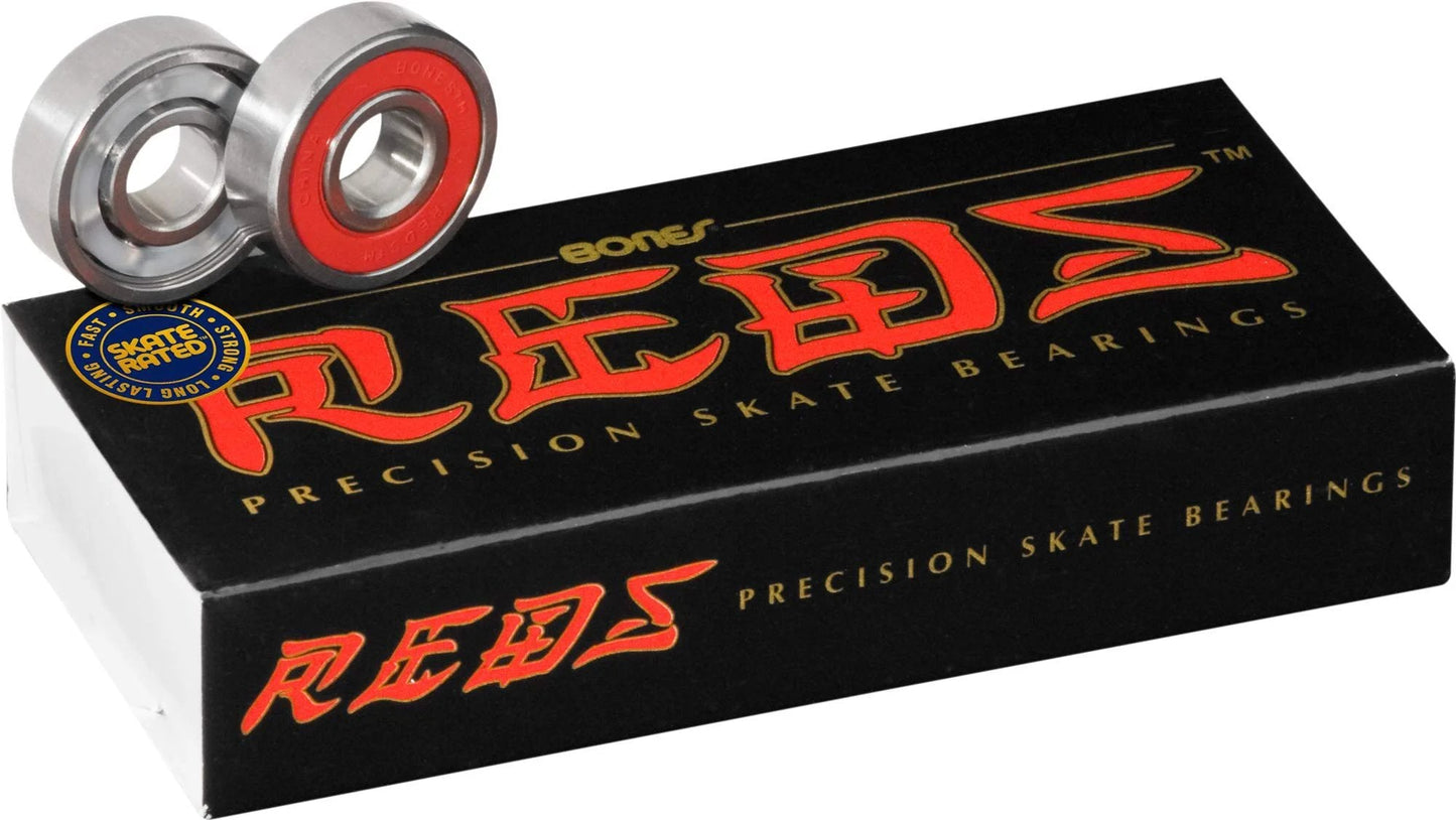 All-Star 8mm Skate Bearings 16 Pack Built For Speed, Pre-Lubed With Speed Cream, Removable Rubber Shields For Easy Cleaning, Nylon Ball Retainer For Strength And Smooth Spin, Bones Reds displayed with black box packaging.