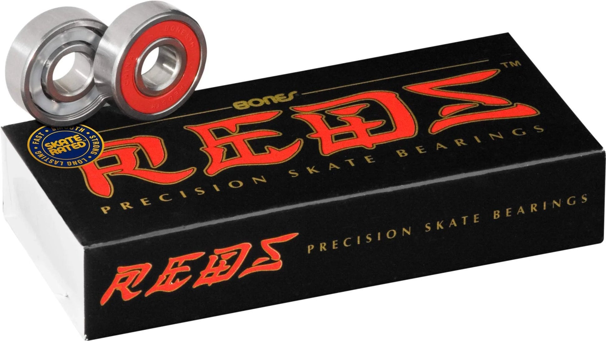 All-Star 8mm Skate Bearings 16 Pack Built For Speed, Pre-Lubed With Speed Cream, Removable Rubber Shields For Easy Cleaning, Nylon Ball Retainer For Strength And Smooth Spin, Bones Reds displayed with black box packaging.
