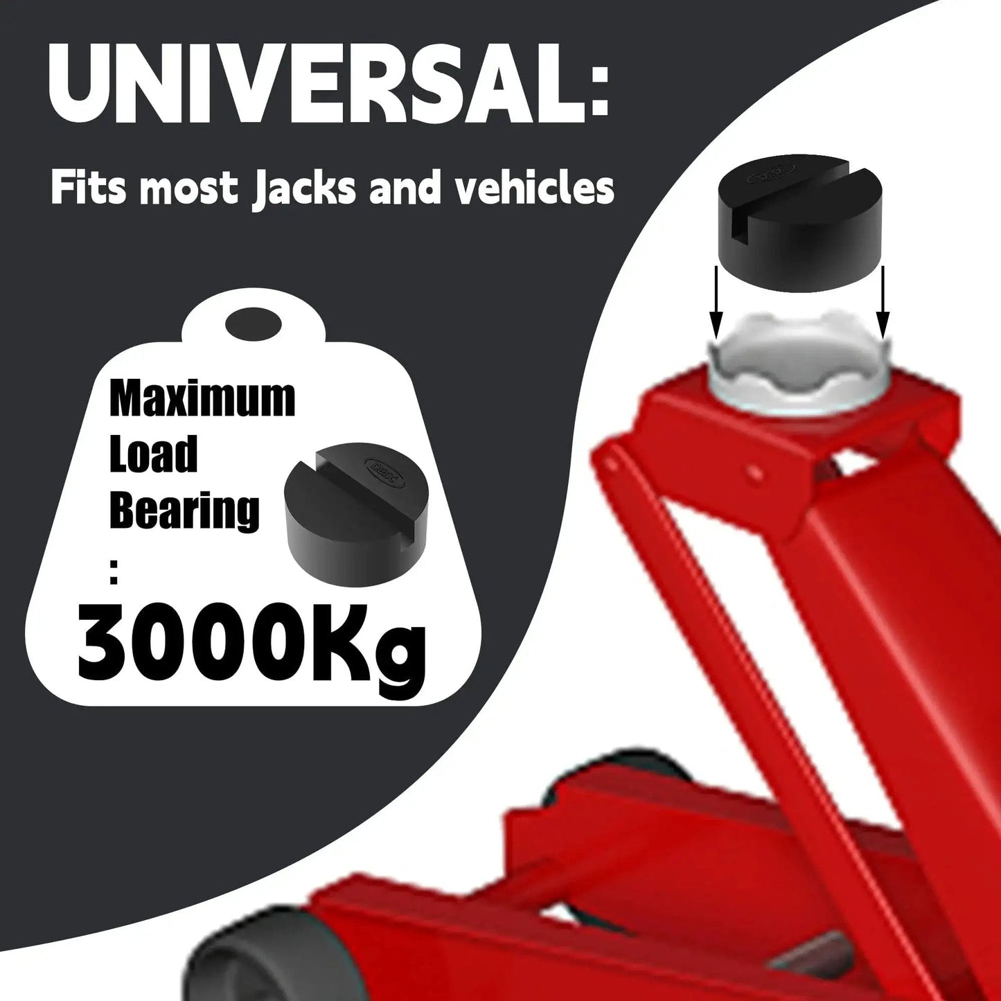 Universal Pinch Weld Jack Pad Adapter For Side Frame Rail Protector 2 Pack on a red floor jack with 3000kg load rating.