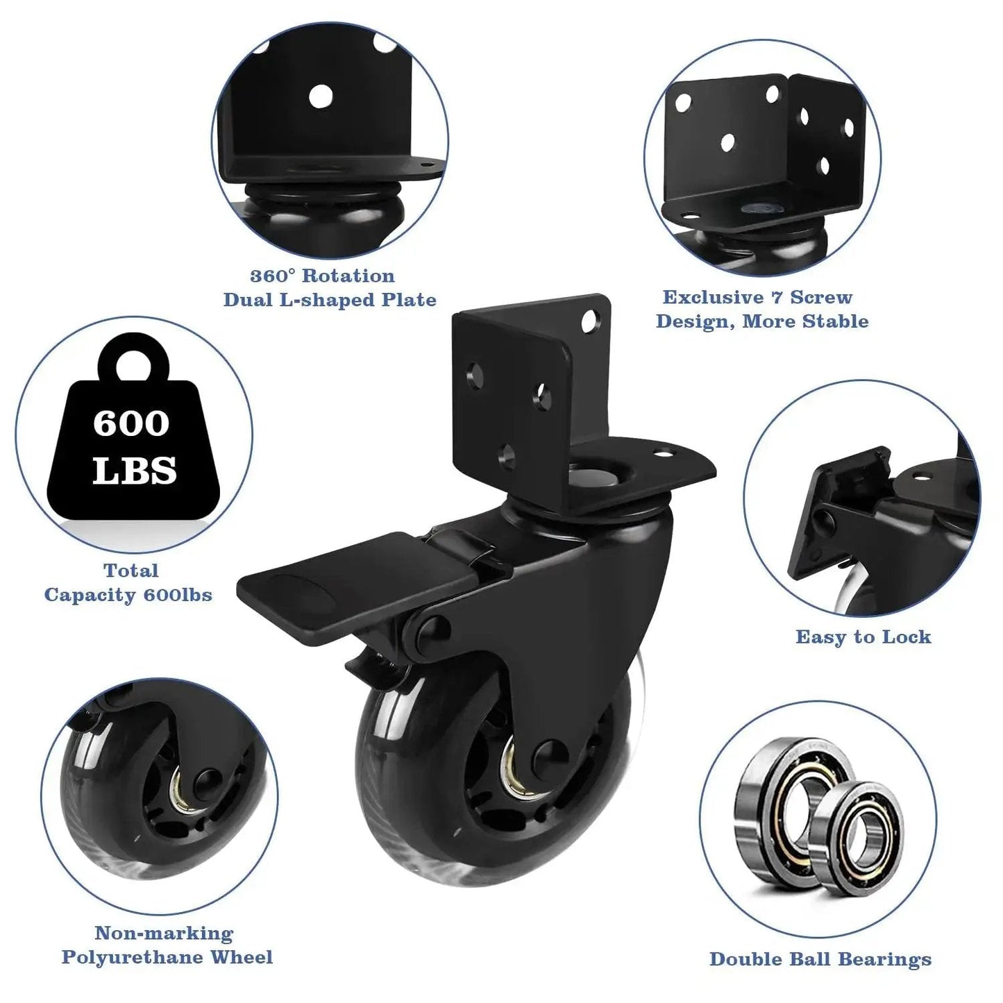 3 Inch L Shaped Plate Swivel Caster With Brake Side Mount Quiet Non Marking Polyurethane Wheels 600 Lb Capacity Set Of 4