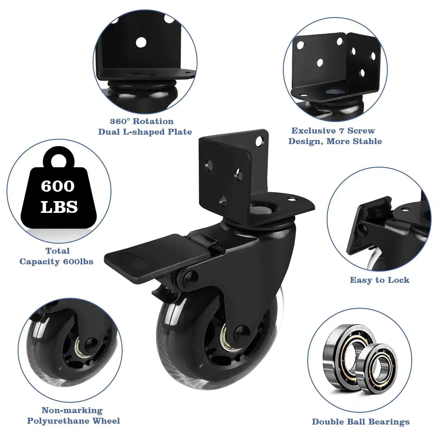 3 Inch L Shaped Plate Swivel Caster With Brake Side Mount Quiet Non Marking Polyurethane Wheels 600 Lb Capacity Set Of 4