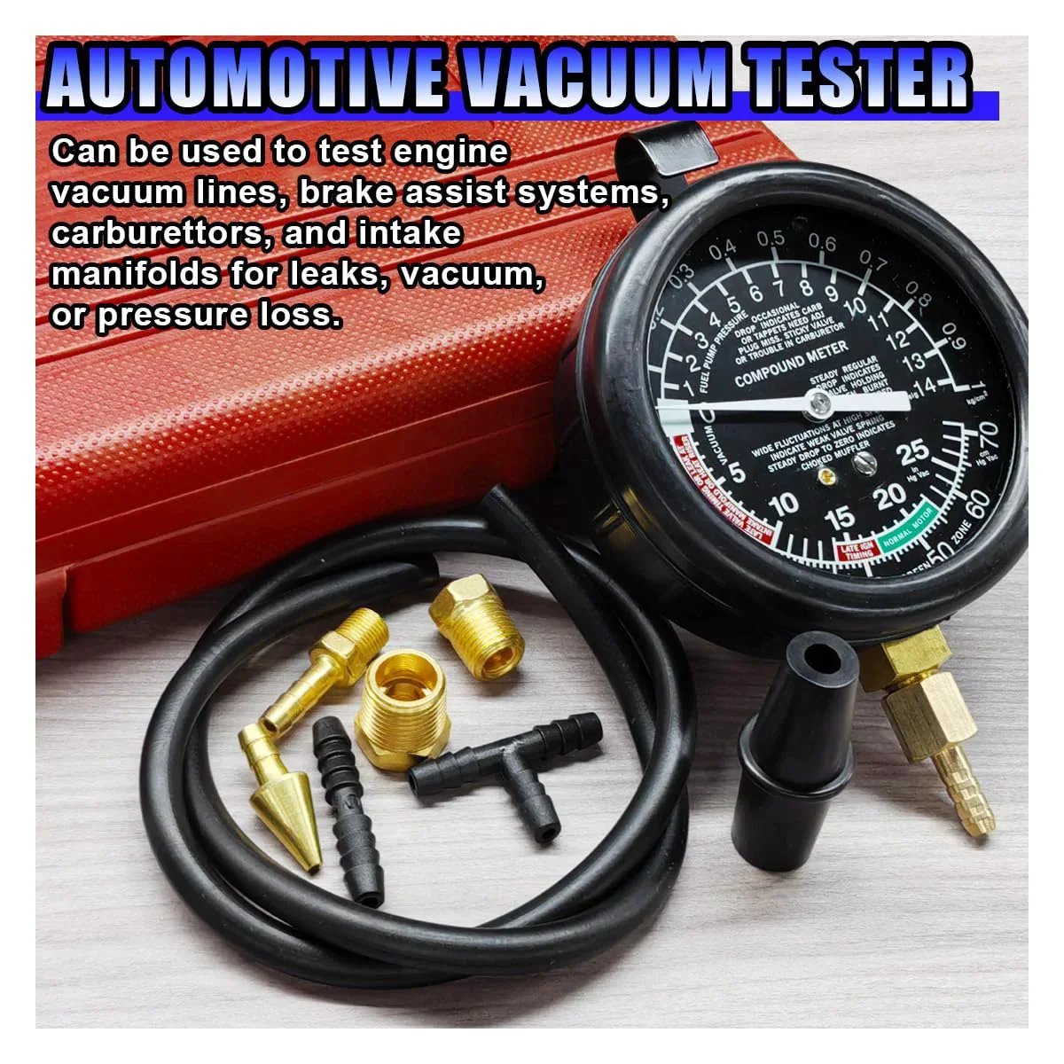 Universal Vacuum And Fuel Pump Tester Gauge Kit By UHANBUT with gauges, hoses, and adapters, displayed in front of a red storage box.
