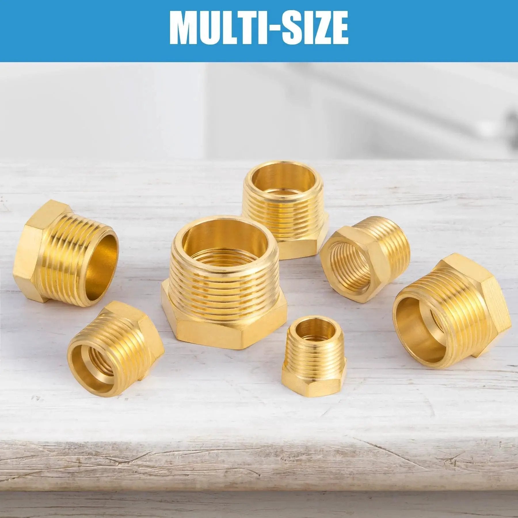 Set of Brass NPT Reducer Bushing Three Eighth Inch Male to One Quarter Inch Female Adapter with Teflon Tape on a wooden surface
