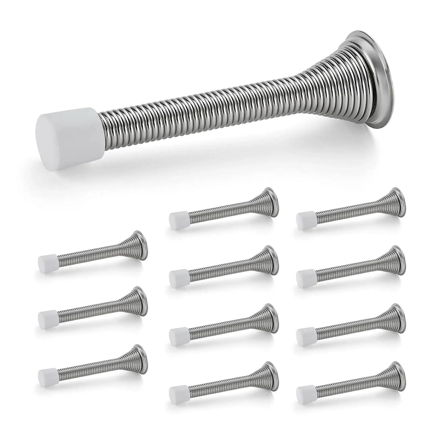 Spring Door Stops With Rubber Bumpers Satin Nickel 12 Pack For Bottom Of Door, shown in satin nickel finish.