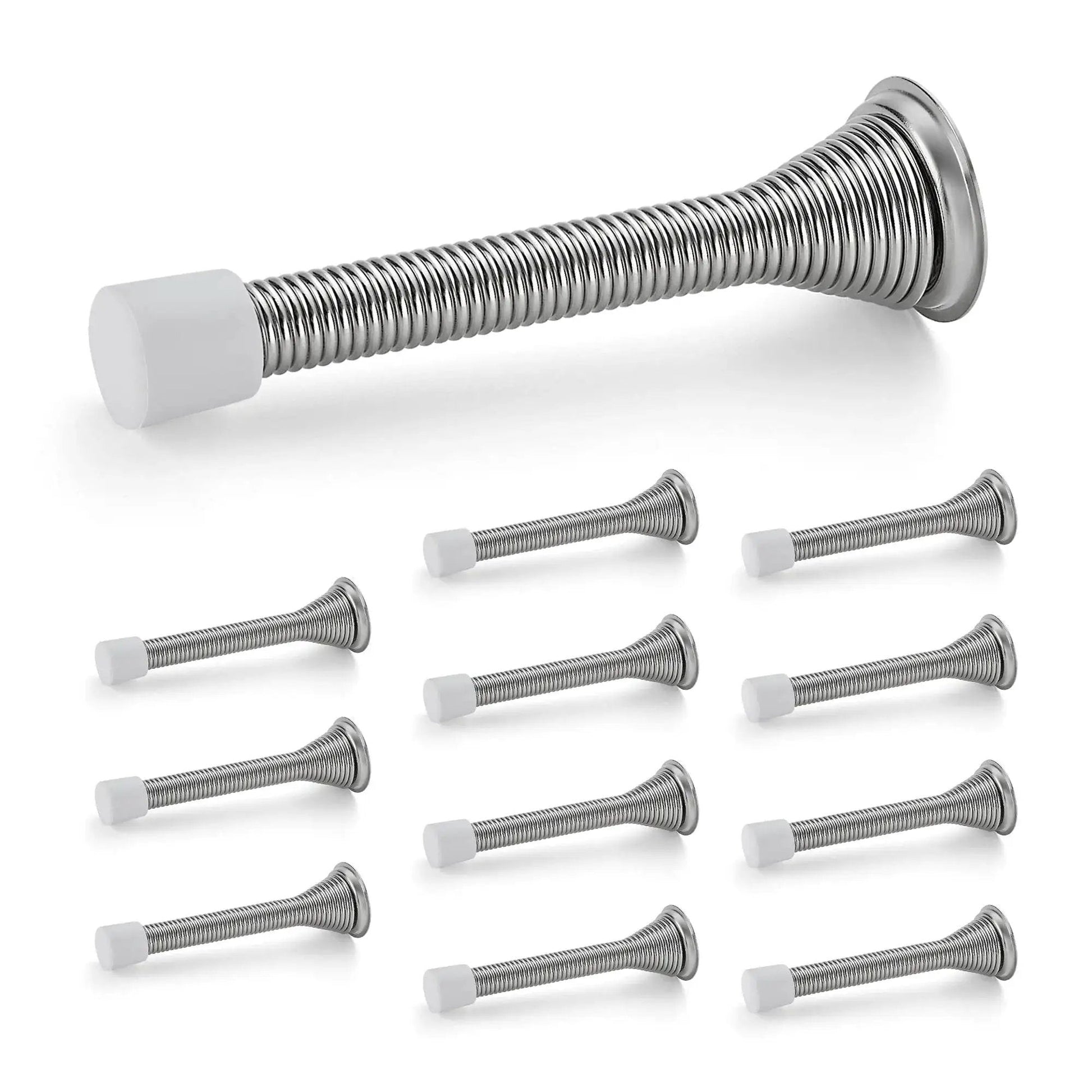 Spring Door Stops With Rubber Bumpers Satin Nickel 12 Pack For Bottom Of Door, shown in satin nickel finish.