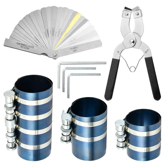 All In One 8 Piece Piston Ring Compressor Kit For Car Engines With Adjustable 3 Inch 4 Inch And 6 Inch Diameters Includes Pliers Hex Keys And Stainless Steel Feeler Gauge For Fast Engine Builds Worldity