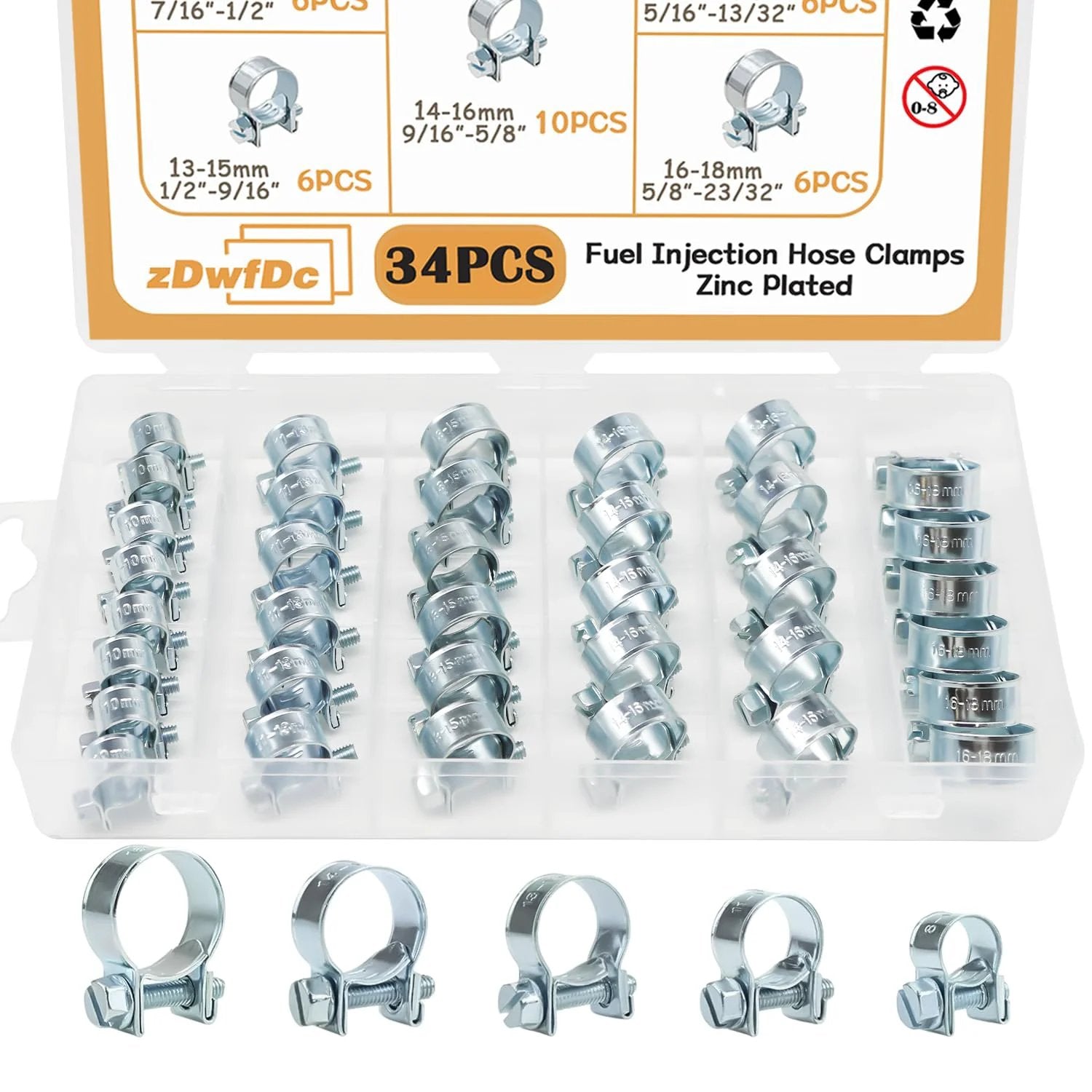 34 Piece Fuel Injection Hose Clamp Kit For Auto Diesel Petrol Engines DIY Friendly Range Eight To Eighteen Millimeter Zinc Plated Rust Resistant Hose Clamp Set in open case showing zinc plated clamps.