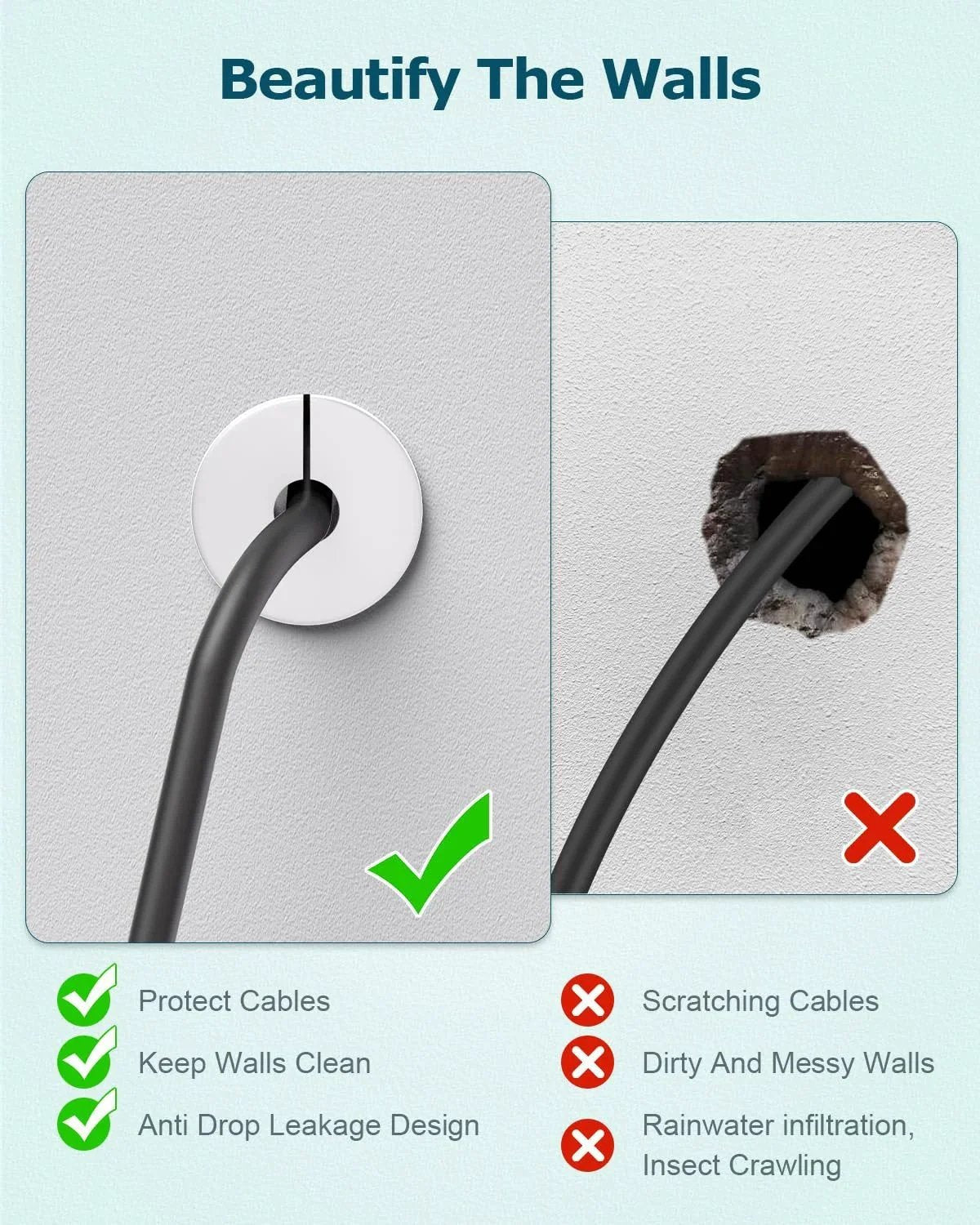 Four Pack White Wall Grommets For Starlink Cable Routing Kit comparison of clean and messy wall installations