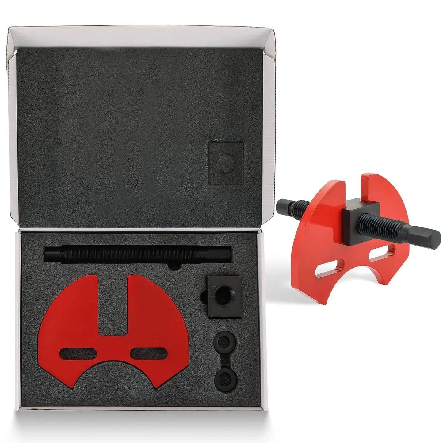 Wheel Hub Removal Tool Set for 5 Lug, 6 Lug, and 8 Lug Hubs with storage case, showing carbon steel remover plate and attachments.