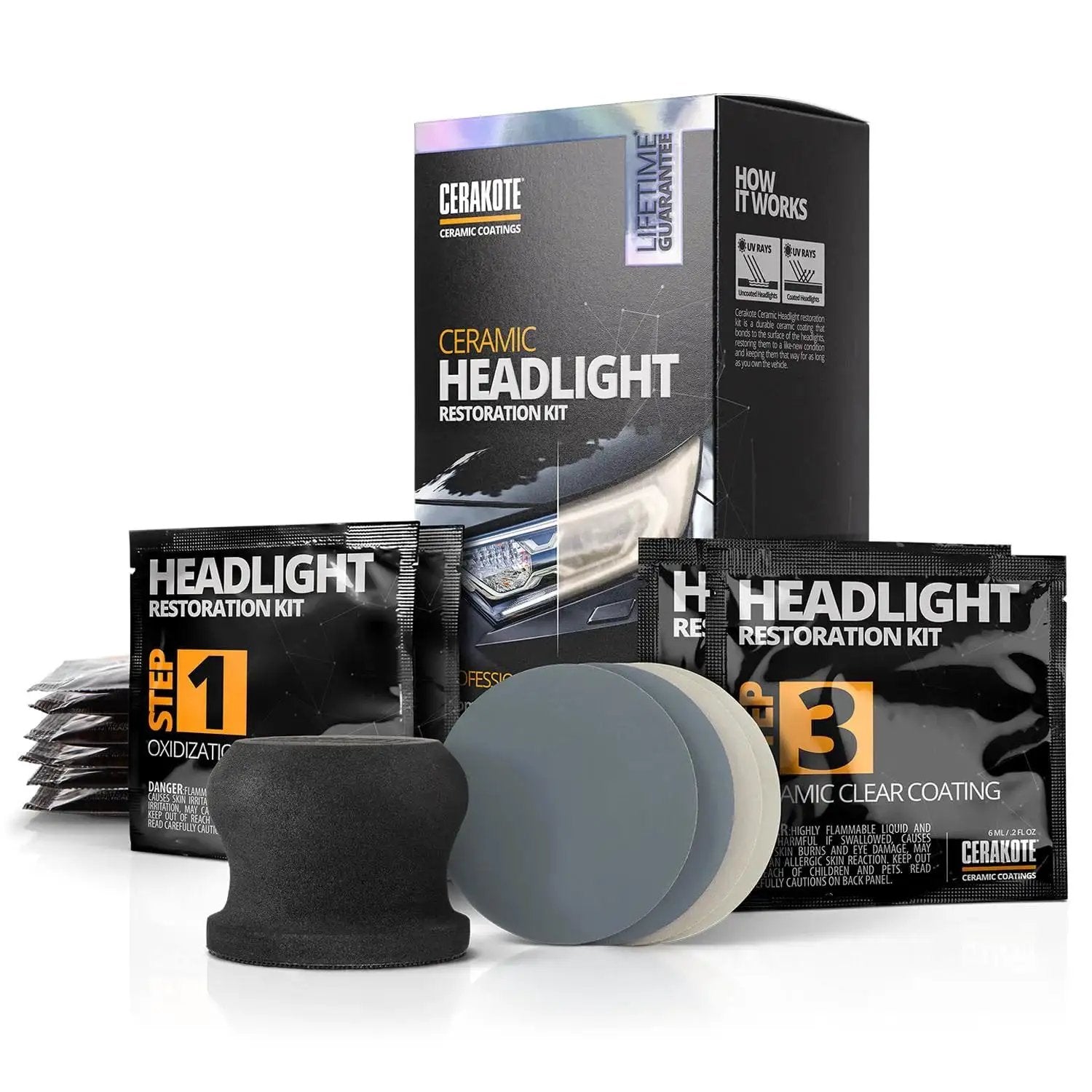 Headlight Restoration Kit With Ceramic Coating Wipes For Clear Lasting Results featuring wipes, sanding kit, and applicator pads
