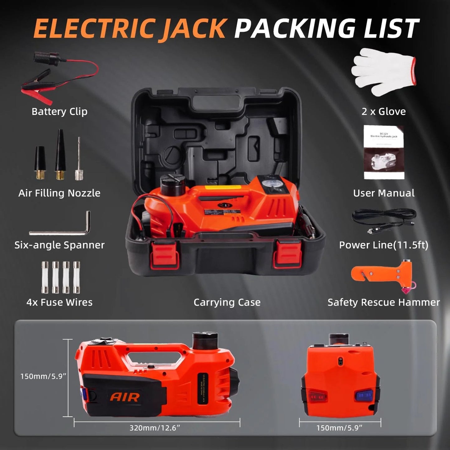 Powerful 5Ton Electric Car Jack With Quick Hydraulic Lift Portable 12V Floor Jack Tire Inflator LED Light And Full Accessory Kit For Cars SUVs And Trucks layout.