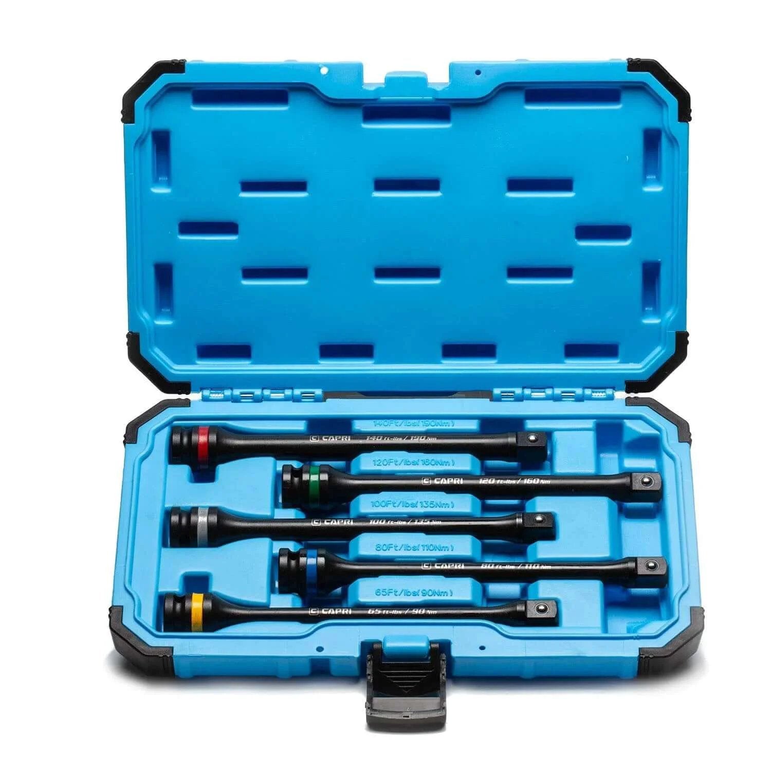 Torque Limiting Extension Bar Set (5 Piece), 65-140 ft. lbs., 1/2 in. Drive in blue case, chrome-molybdenum bars, color-coded