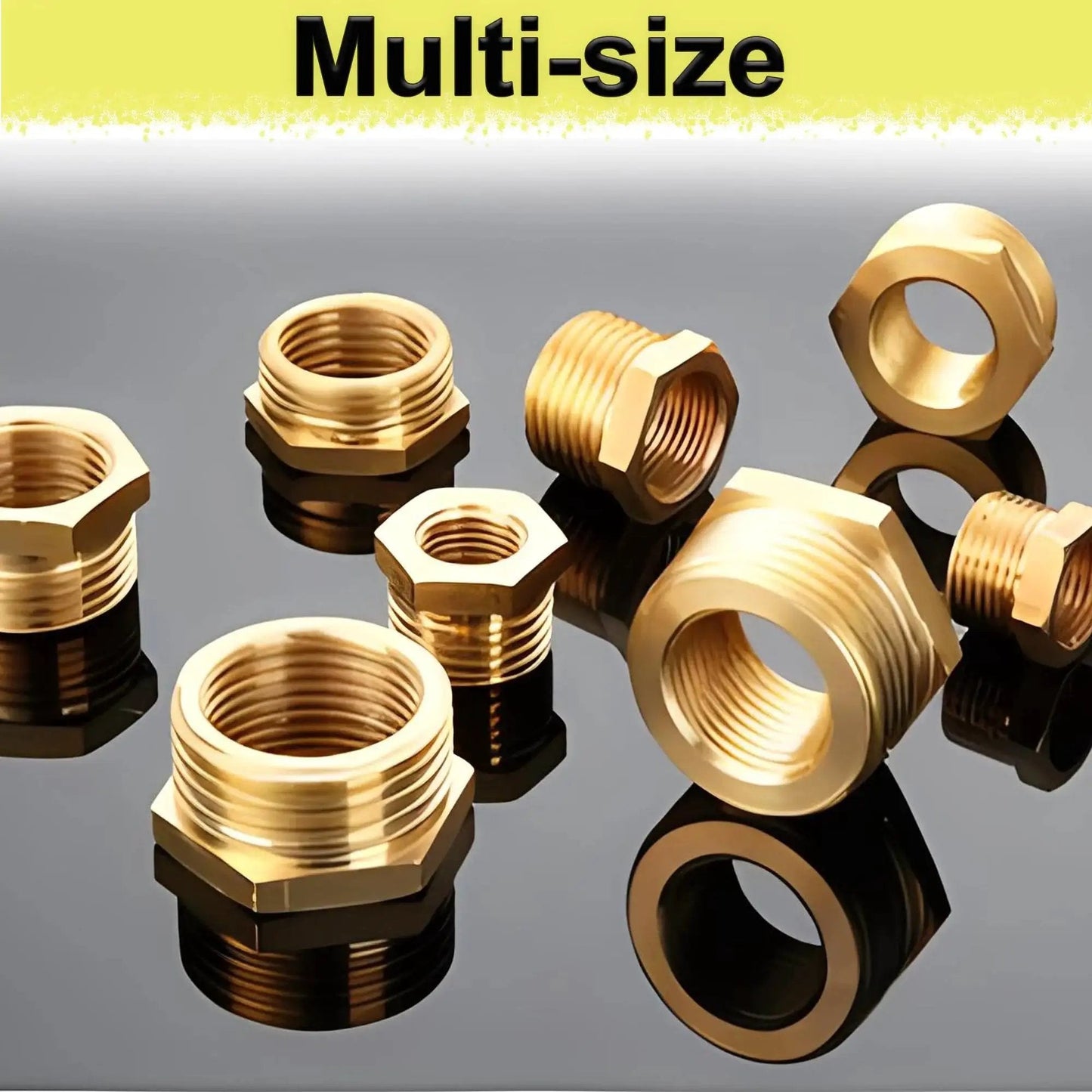 Two Pack Brass Reducer Hex Bushing Three Quarters Inch MNPT To One Quarter Inch FNPT on reflective surface