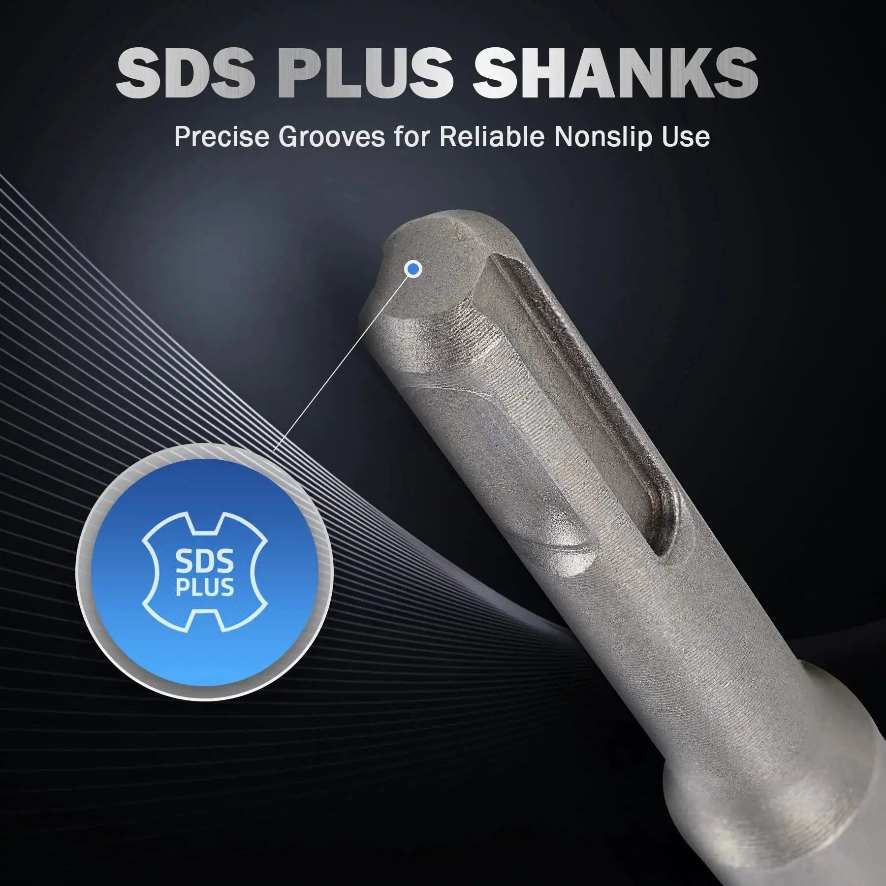 Close-up of SDS-plus shank from All In One 6 Piece SDS Plus Chisel Set For Tile Concrete And Masonry By Zelcan.