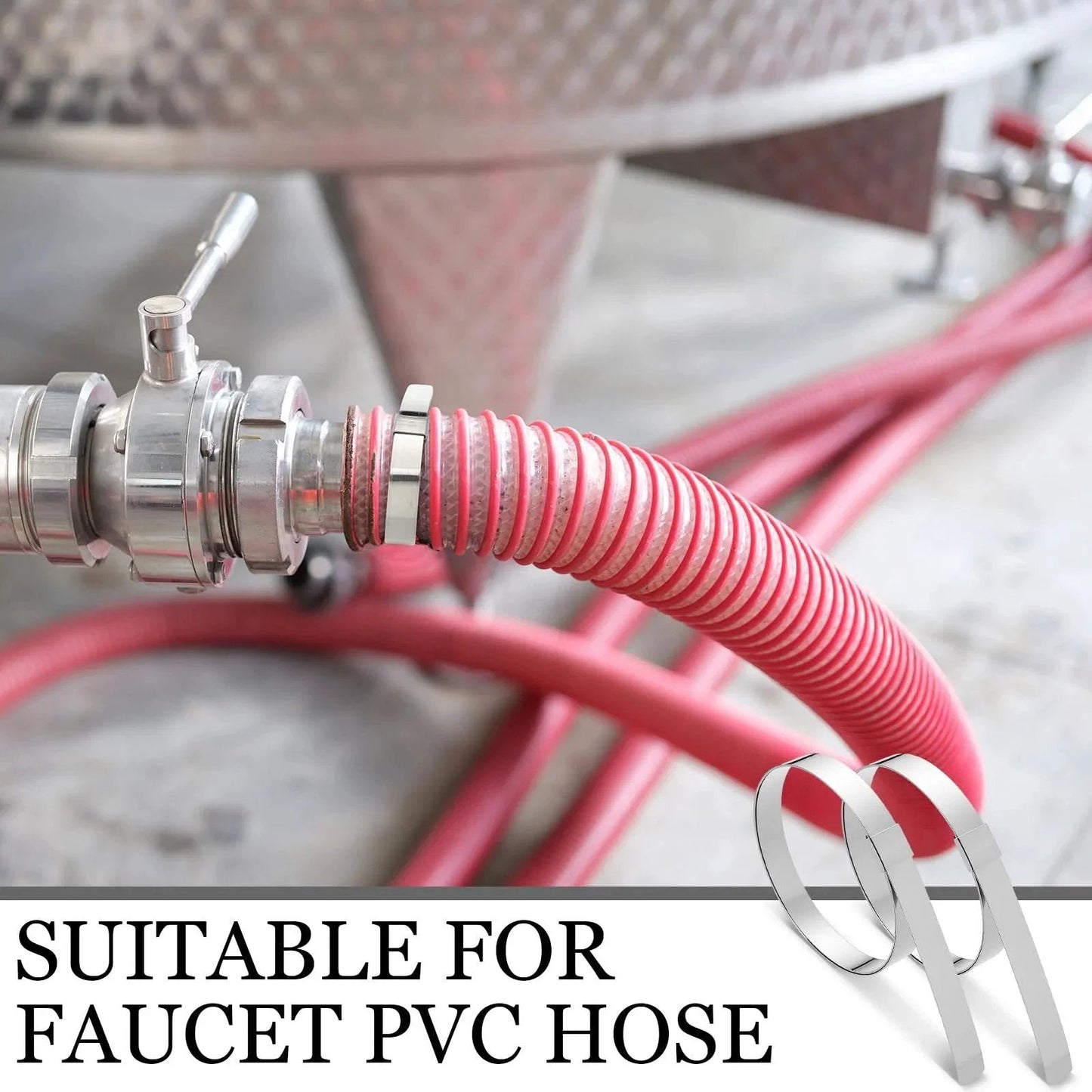 25 Pack Center Punch Hose Clamps Five Eighth Inch Wide Four Inch Diameter 0.025 Inch Thick 201 Stainless Steel Preformed Band Clamps For Hose Ducting Pipes Cable Management And More securing a red PVC hose to a metal faucet.
