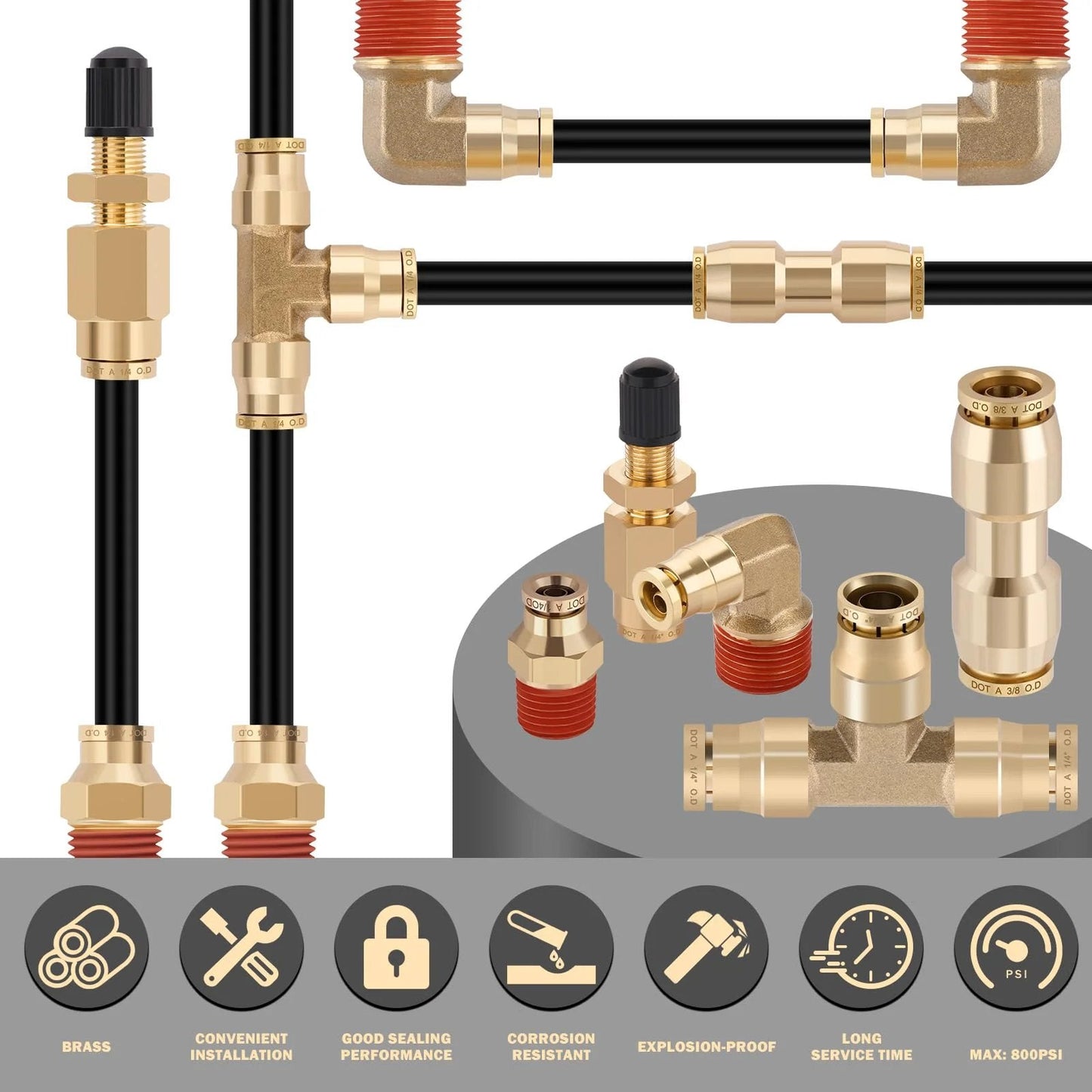 Brass DOT Air Line Fittings Kit CheeMuii 100 Foot One Quarter Inch And 50 Foot Three Eighth Inch Pneumatic Tubing Set visible with fittings and connectors displayed.