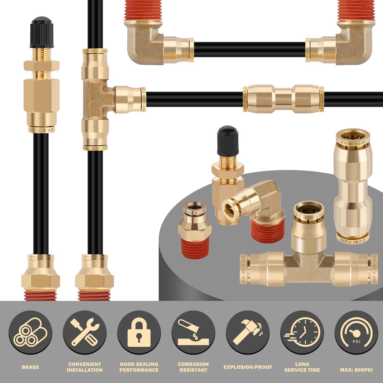 Brass DOT Air Line Fittings Kit CheeMuii 100 Foot One Quarter Inch And 50 Foot Three Eighth Inch Pneumatic Tubing Set visible with fittings and connectors displayed.