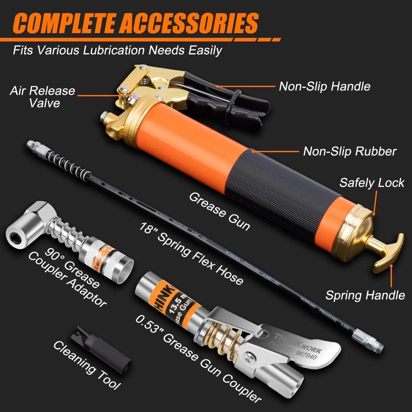 Heavy Duty 8000 PSI Grease Gun Kit With Pistol Grip For 14 Oz Tubes 0.53 Inch Coupler And 18 Inch Flex Hose 90 Degree Adapter For Tight Spaces