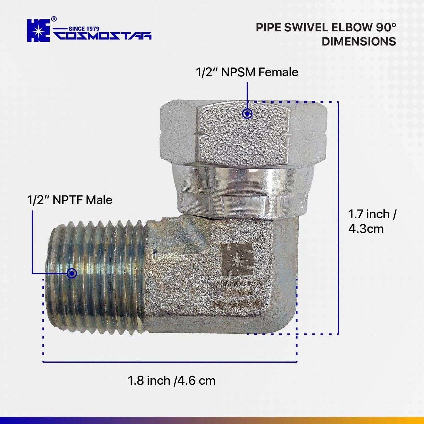 One Half Inch NPTF Male To One Half Inch NPSM Swivel Elbow 90 Degree Hydraulic Adapter For Hydraulic Hoses And Valves Carbon Steel With Zinc Plating Rust Resistant And Durable Cosmostar, shown in a detailed side view with measurement annotations.